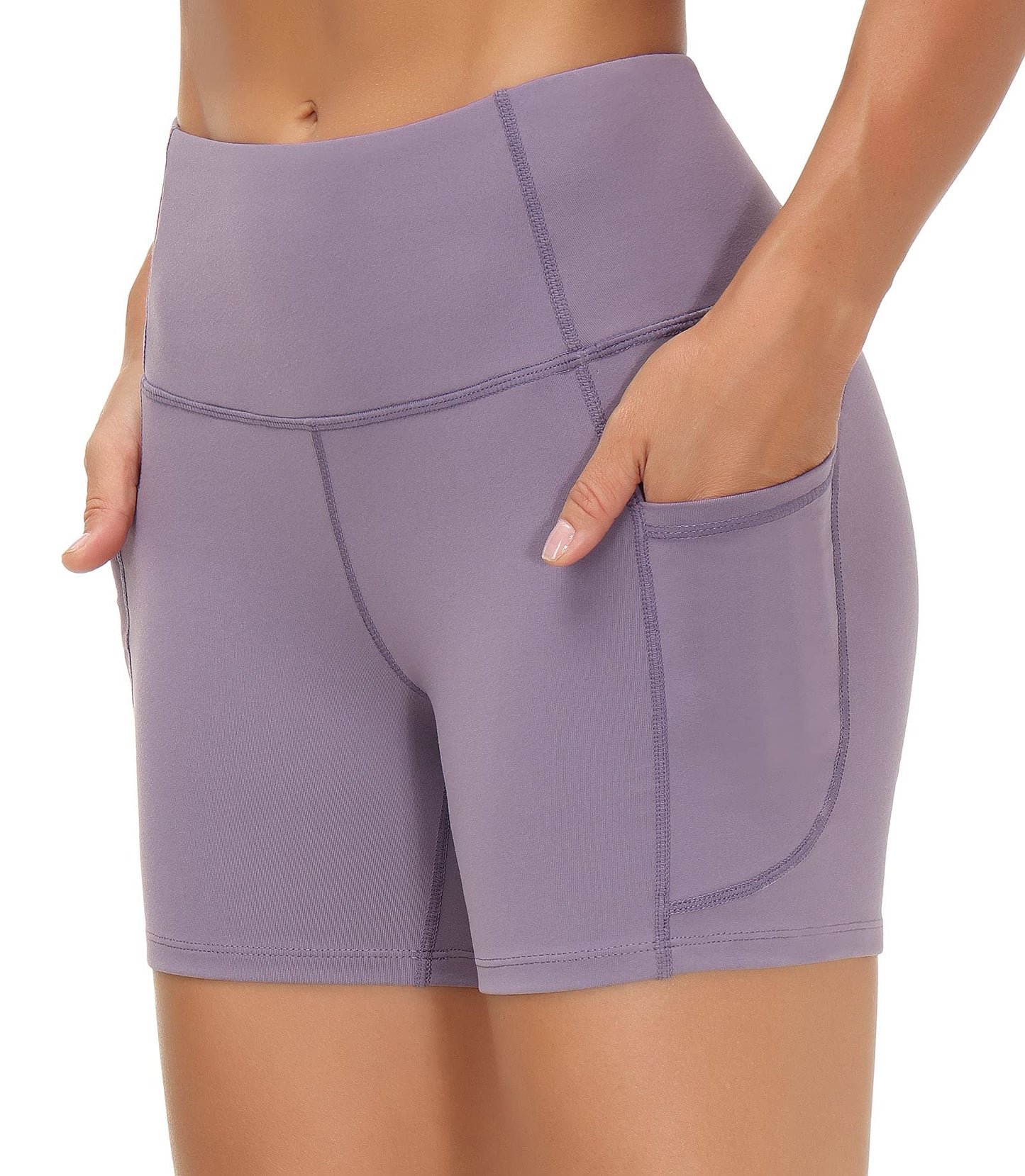 THE GYM PEOPLE High Waist Yoga Shorts for Women Tummy Control Fitness Athletic Workout Running Shorts with Deep Pockets (Small, Crystal Purple)