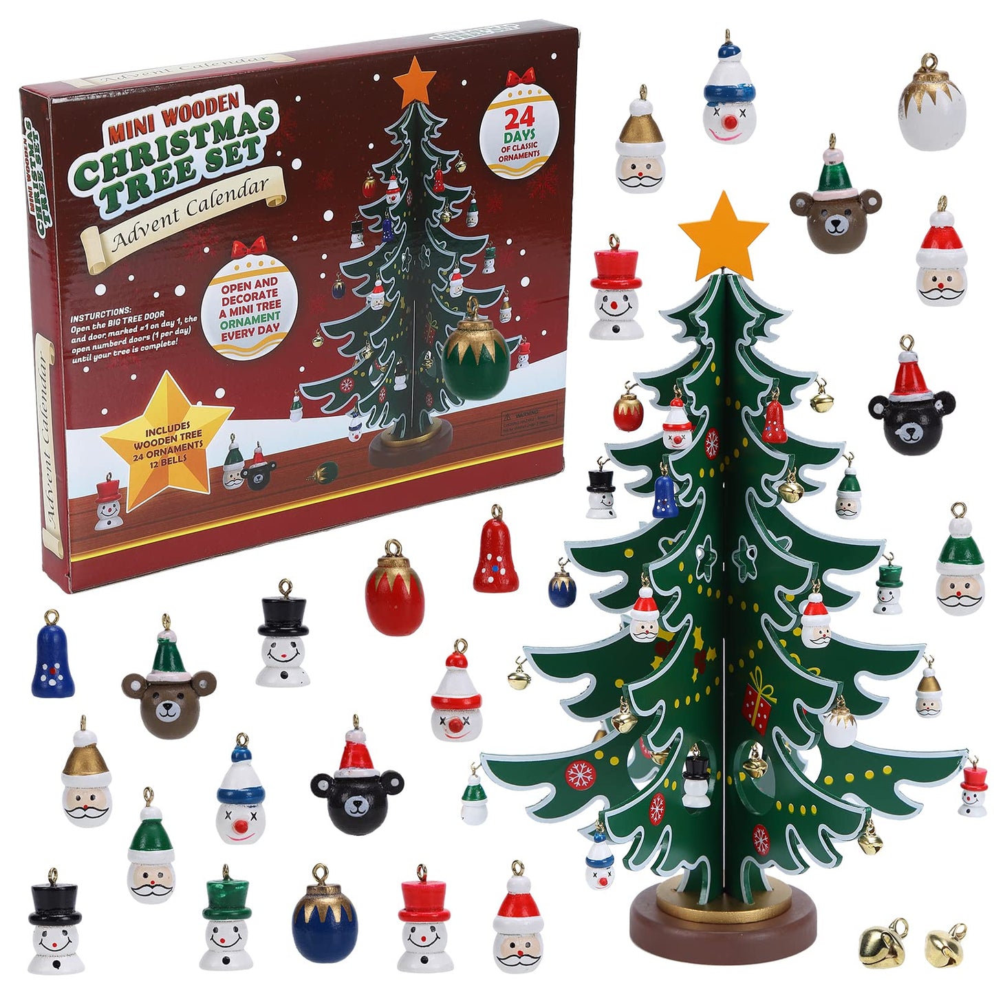 Christmas Advent Calendar Ornaments 2023,24 Days Countdown Advent Calendar with a Tabletop Wooden Christmas Tree and Ornaments Snowman Santa Decorations for Boys, Girls and, Xmas Gift