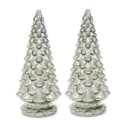 Yomikoo Glass Christmas Tree, 2PCS Lighted Mercury Glass Tabletop Christmas Tree Decoration for Party Ceremony 14.1"X 6.2" (Silver)