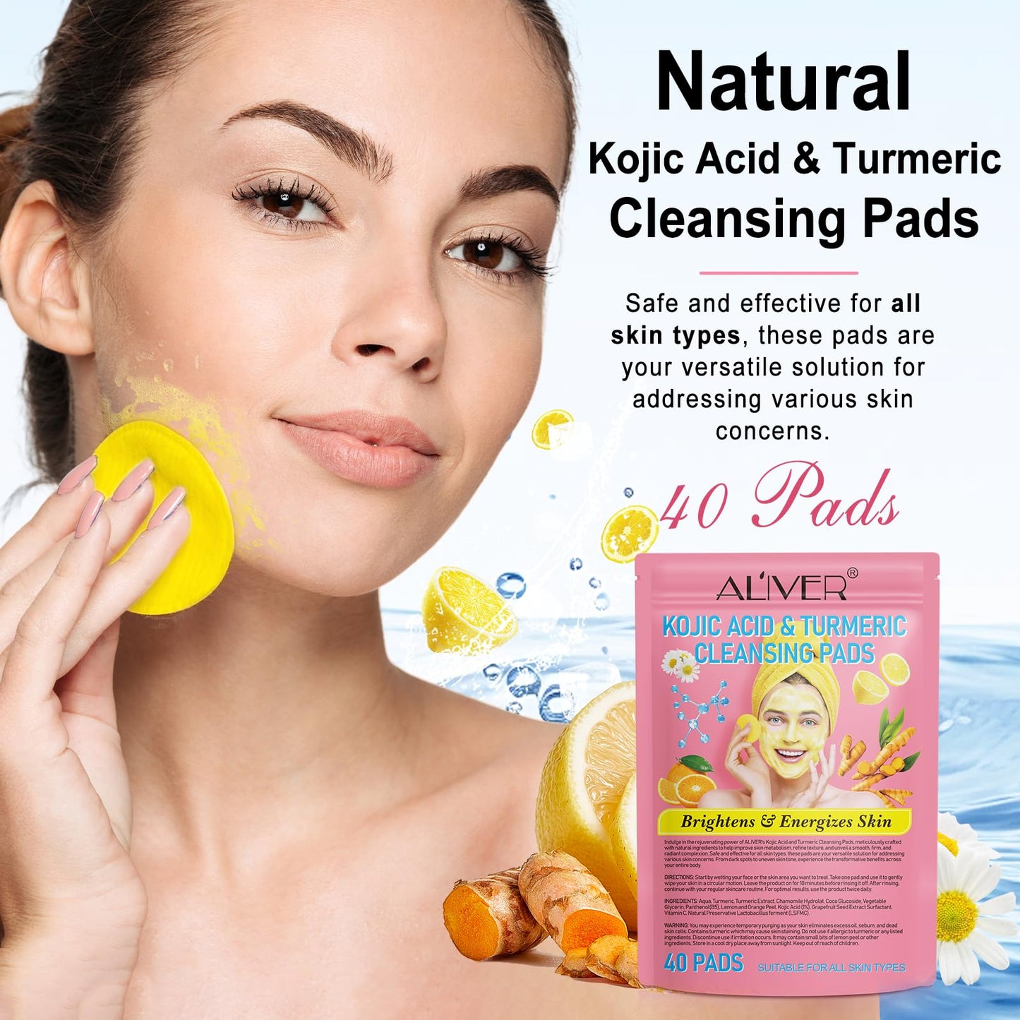 Turmeric Cleansing Pads, 40PCS Turmearic Cleansing Pads with Vitamin B5, Vitamin C, Turmeric Pads Infused Foaming Exfoliating Pads, Turmeric Lemon Chamomile Pads for Face