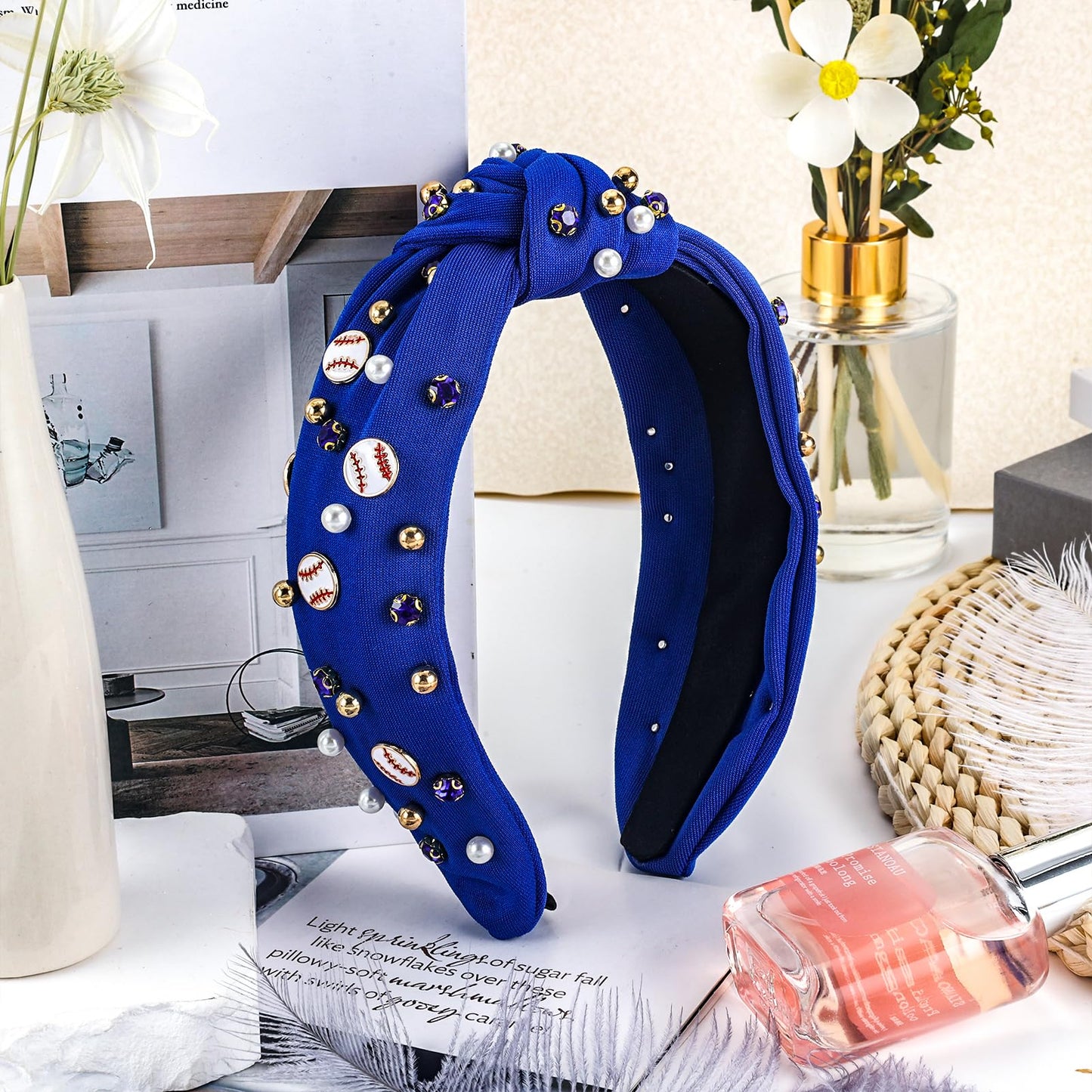 Zkptops Baseball Knotted Headband for Women Fun Sports Team Game Day Twisted Top Knot Headbands Crystal Pearl Jeweled Head Band Fashion Sparkly Hairband Accessories Gifts for Sports Fans(Royal Blue)