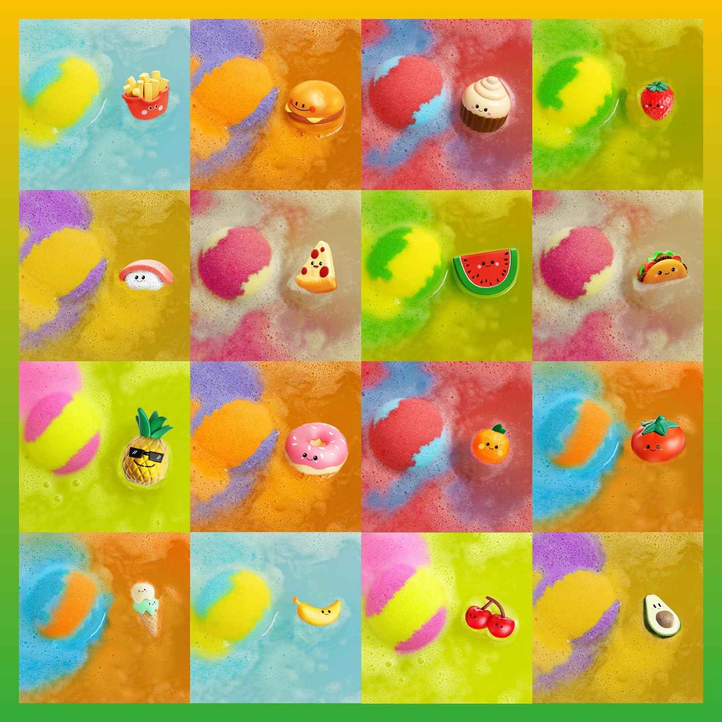 Zippytots Kids Bath Bombs with Food Toys Inside, 16 Pack Colorful Surprise Bath Fizzies Set, Organic Fizzy Bubble Bath Bombs for Girls & Boys, Ages 3+