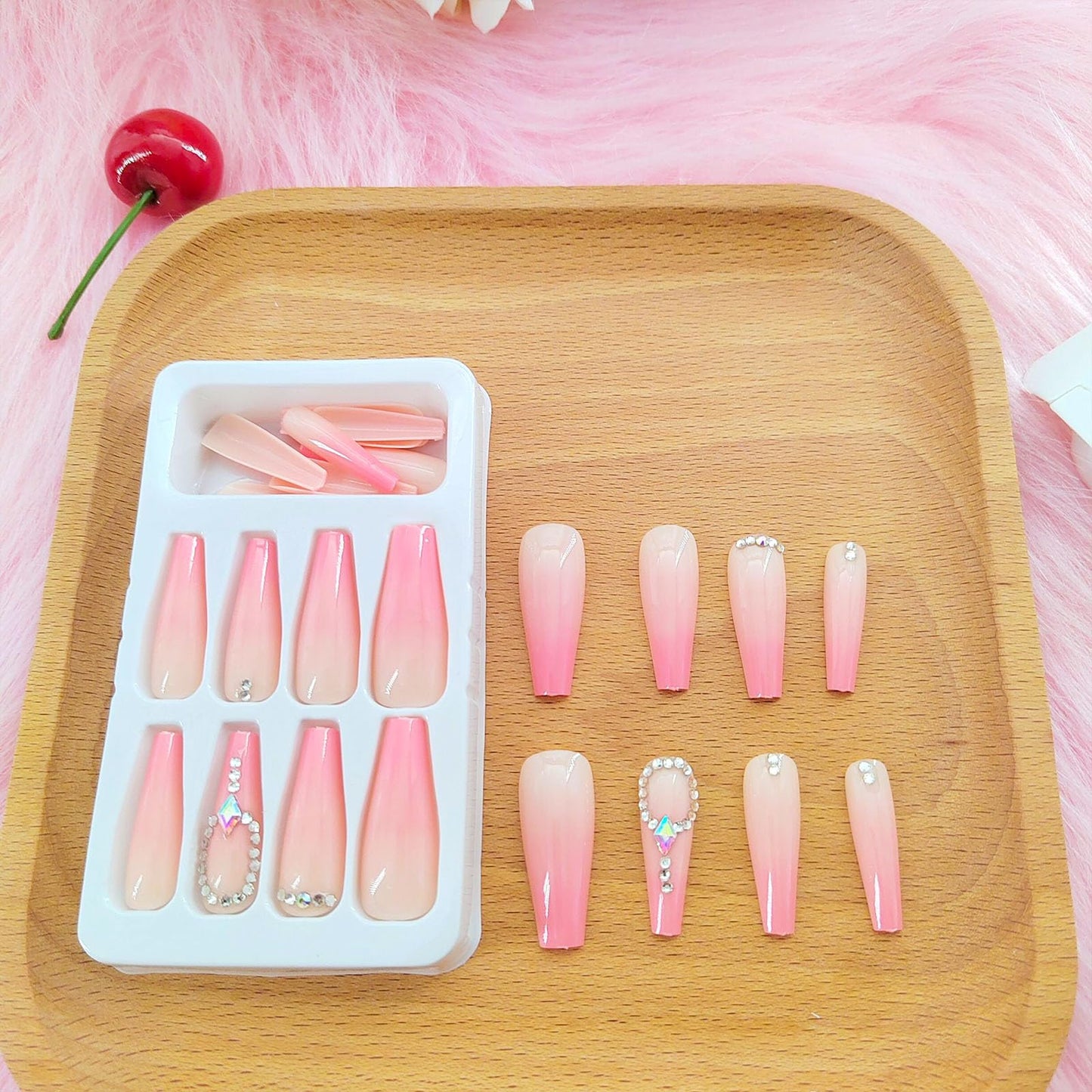 Long Press on Nails Coffin Pink Gradient Acrylic Nails Press ons with Rhinestones Design Artificial Nails Full Cover False Nails with Glue for Women and Girls 24Pcs