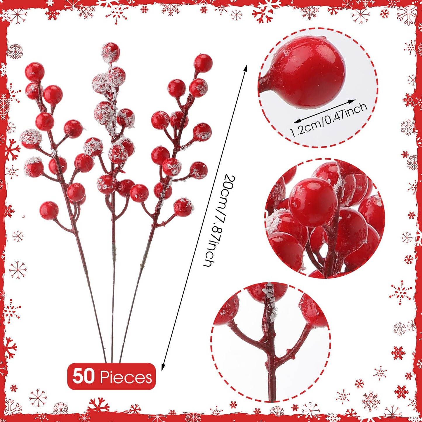 Censen 50 Pieces Artificial Holly Berry Stem Picks with Snowflake Frosted Christmas Tree Branches Fillers Ornaments Snowy Berry Twig Branches for Xmas Garland Wreath Winter Home Decor(Red)