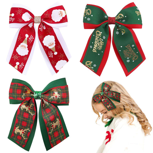 Christmas Hair Bows for Girls, Grinch Bows Christmas Red Green Glitter Santa Claus Hair Clips Hair Accessories for Toddlers Kids Christmas Party (Christmas Bows-B)