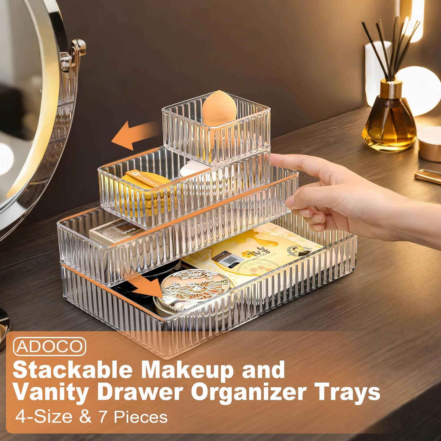 Adoco 7 PCS Clear Drawer Organizers Bins, 4-Size Stackable Makeup Vanity Drawer Organizer Trays, Acrylic Bathroom Drawer Organizer Storage Containers for Cosmetic,Office Supply