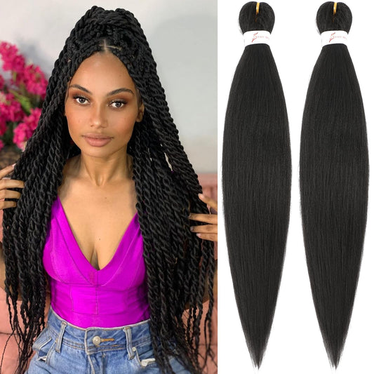 Pre Stretched Braiding Hair 26 Inch Braiding Hair 2 Packs Yaki Texture Hot Water Setting Synthetic Fiber Braiding Hair Extension Crochet Twist Braids (26inch 2Packs 1B#)