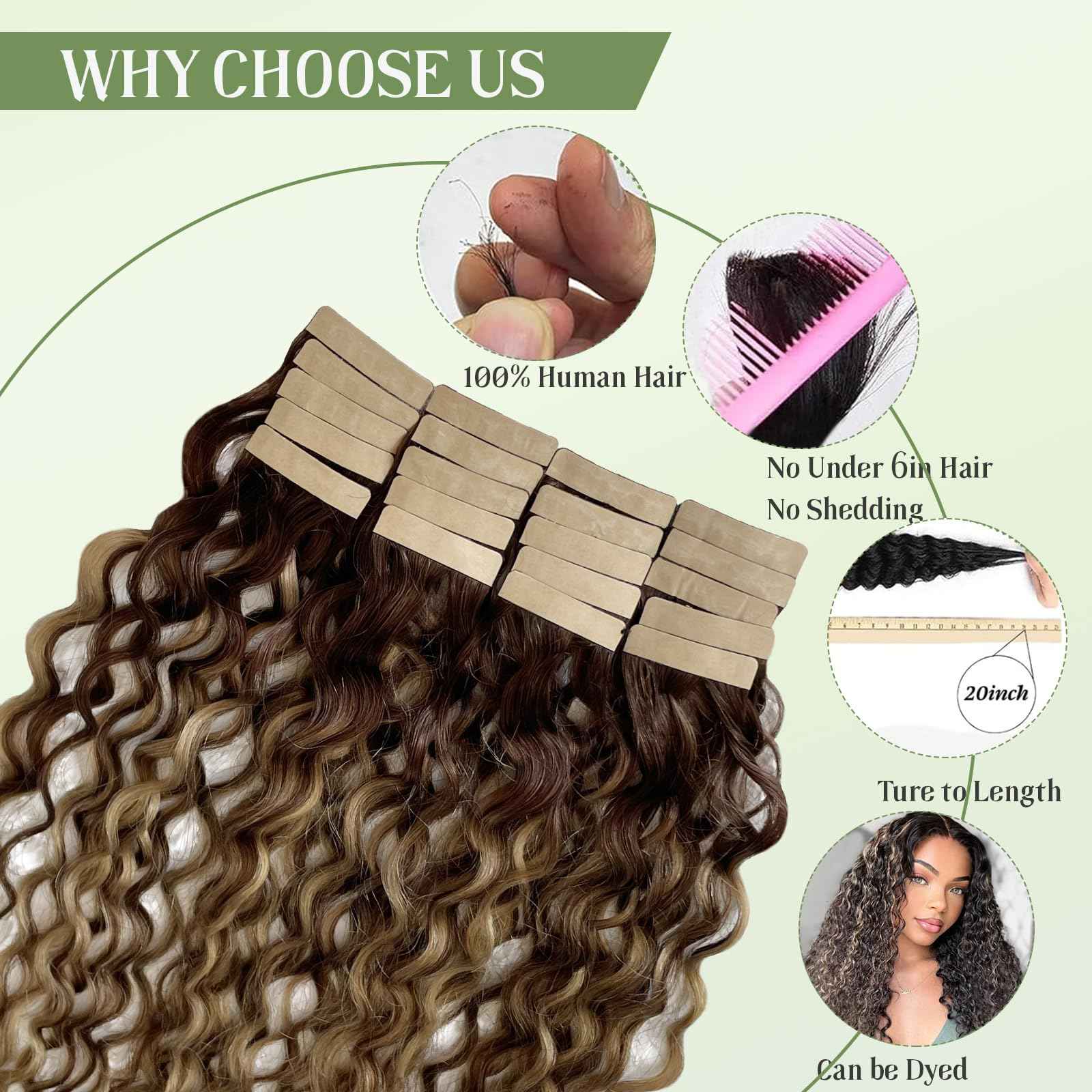 Water Wave Tape in Hair Extensions Human Hair, Balayage Chocolate Brown to Caramel Blonde Curly Tape in Hair Extensions Skin Weft Seamless Invisible Glue in Hair Extension 14 Inch 20pcs 50 Grams