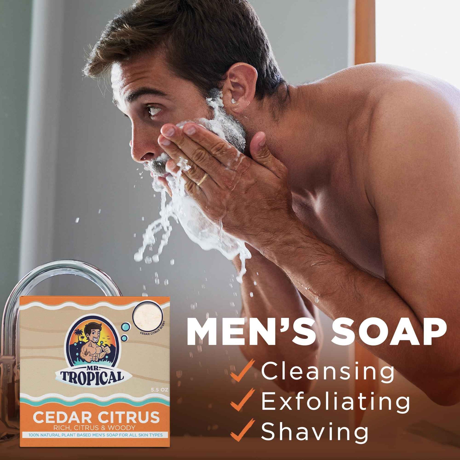 Mr. Tropical Cedar Citrus Natural Scent Handmade Organic, Essential Oils Men's Soap Bar Beard Body, Face Wash Bath Nourishing Bar Soap - 5.5 Ounce - Pack of 3