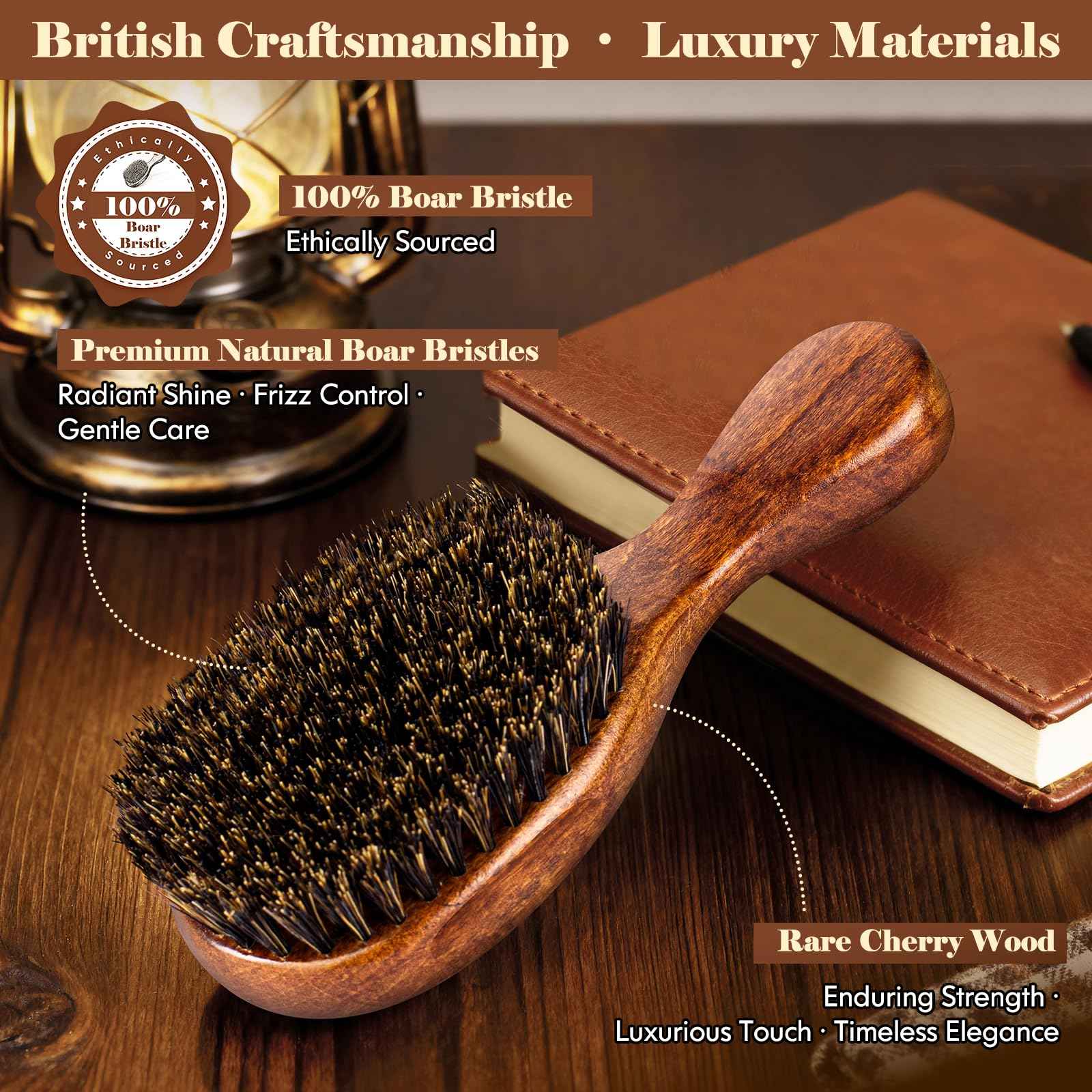 OUMIGIZ Boar Bristle Hair Brush Since 1965 British Craftsmanship, Handmade Natural Wooden Mini Hairbrush/Beard Brush, Pure Soft Bristles Gentle Detangling Women Men Kids Thin Fine Hair, Smooth & Shine