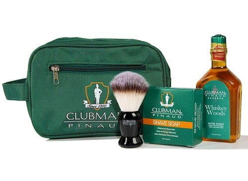 Clubman Pinaud Shave Essentials Set, Dopp Kit with Whiskey Woods After Shave, Shave Soap, and Shave Brush, 1 Set