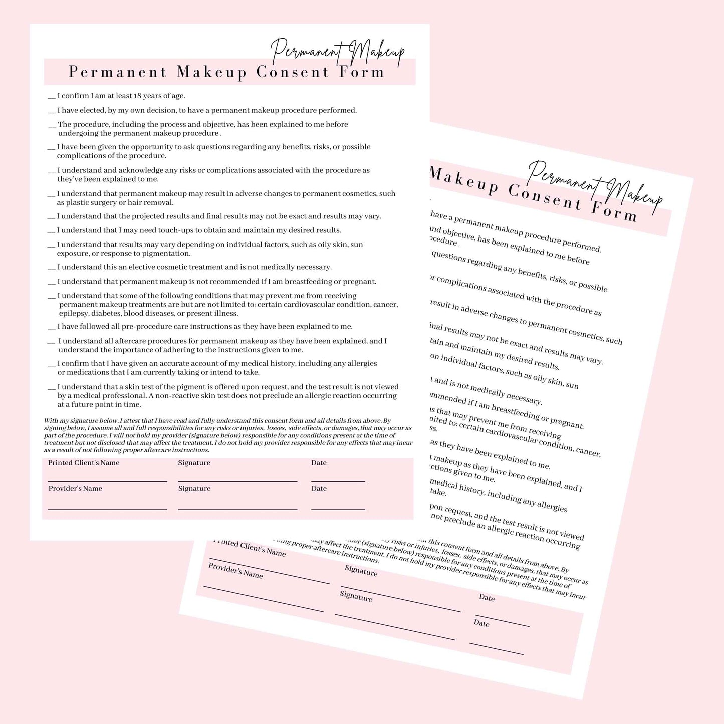 Permanent Makeup Intake, Consent, and Aftercare Form | 75 Pack | 8.5 x 11" A1 Forms | Clients Signature | for Providers Using Permanent Makeup Pigment for PMU | White and Pink Design