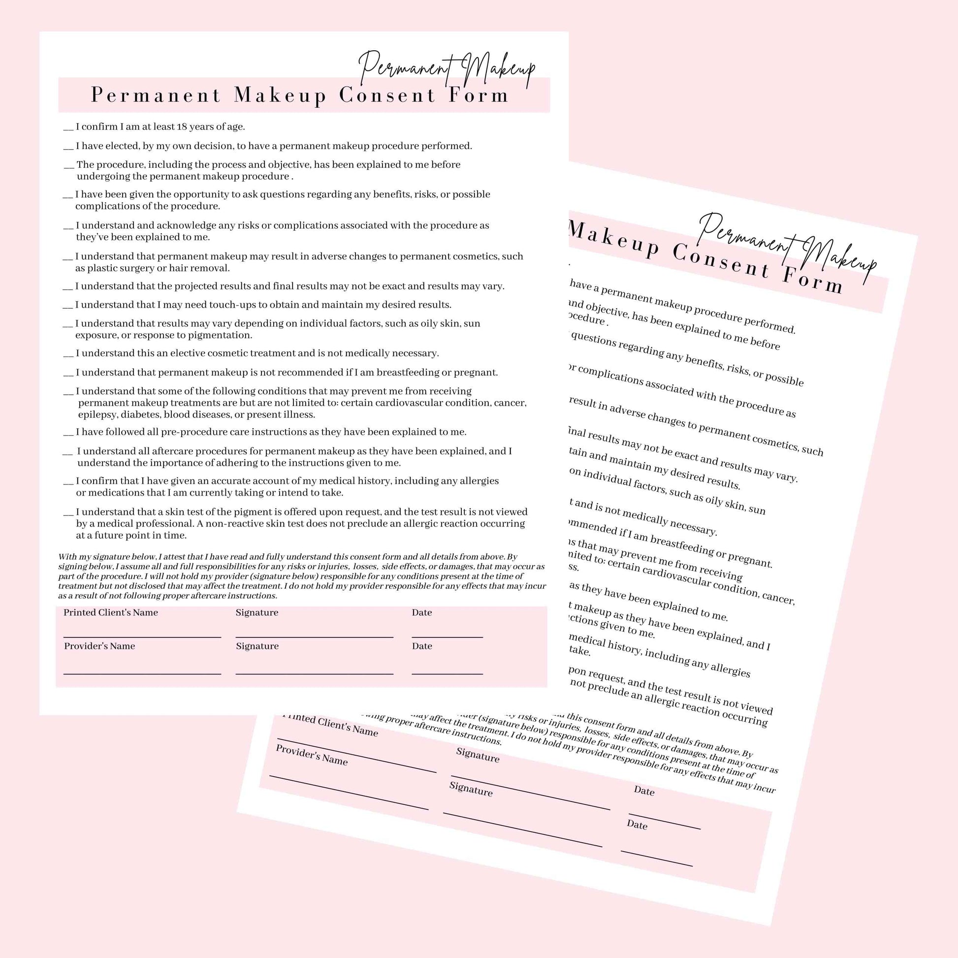 Permanent Makeup Intake, Consent, and Aftercare Form | 75 Pack | 8.5 x 11" A1 Forms | Clients Signature | for Providers Using Permanent Makeup Pigment for PMU | White and Pink Design