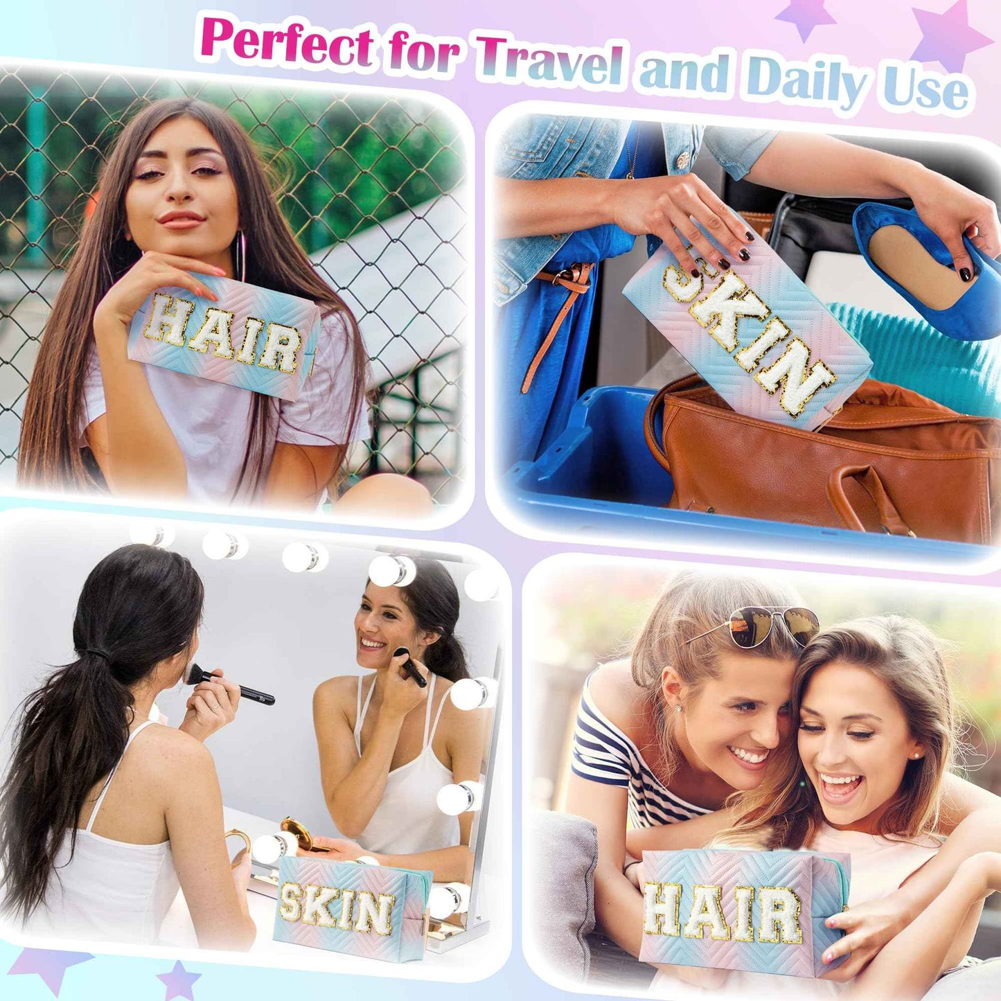 Y1tvei Preppy Patch SKIN HAIR Chenille Letter Blue Pink Gradient Makeup Bag Colorful Leather Waterproof Portable Fantasy Cosmetic Pouch Travel Toiletry Bag Carry On Zipper Organizer Gifts for Women