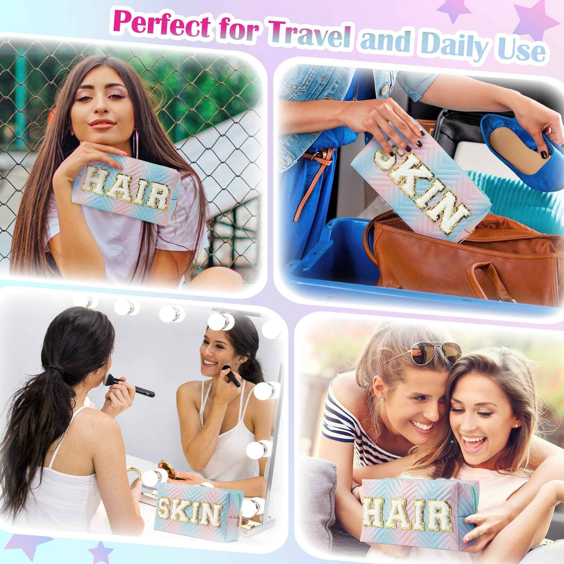 Y1tvei Preppy Patch SKIN HAIR Chenille Letter Blue Pink Gradient Makeup Bag Colorful Leather Waterproof Portable Fantasy Cosmetic Pouch Travel Toiletry Bag Carry On Zipper Organizer Gifts for Women