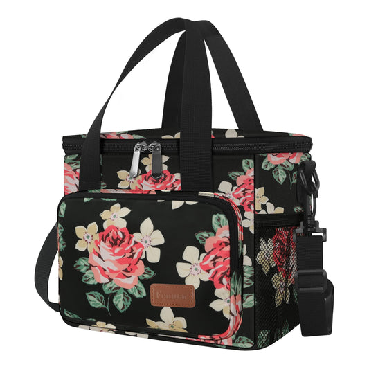 Femuar Lunch Bags for Women/Men, Insulated Lunch Bag for Work Office Picnic - Lunch Cooler Bag Leakproof Lunch Box with Adjustable Shoulder Strap - Black Floral