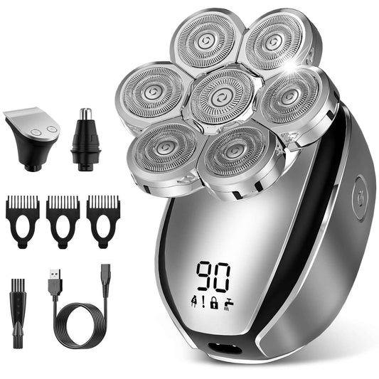 Head Shavers for Bald Men, Electric Razor for Bald Men, Waterproof Head Shavers, 3 in 1 Grooming Kit, 7D Rechargeable Rotary Shaver with Led Display