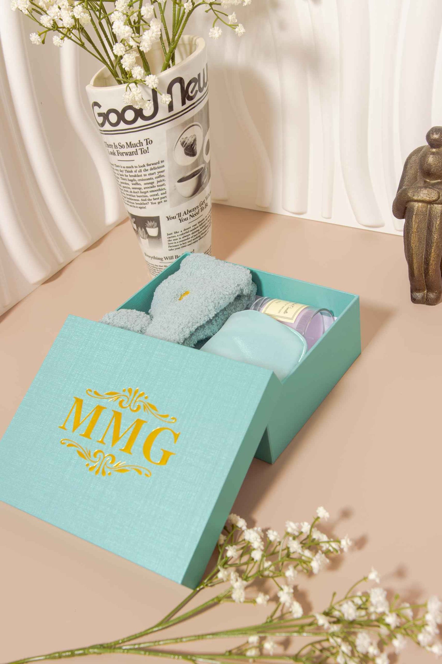 Spa Gift Set for Women – Relaxation Gift Box with Candle, Fuzzy Socks, Satin Eye Mask – Spa Kit for Birthday, Thank You, Bridesmaid, Holidays (Aqua Blue)