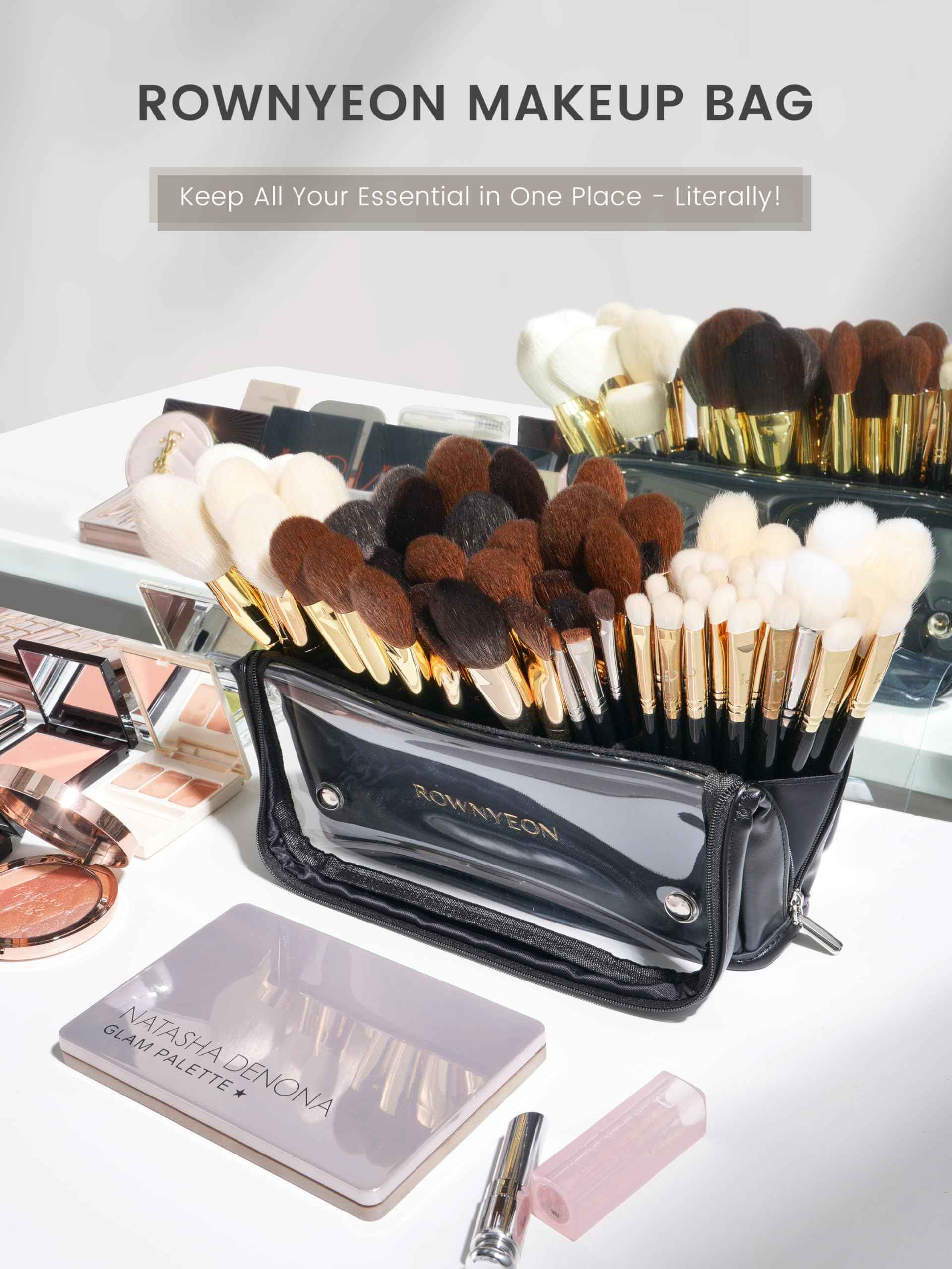 ROWNYEON Makeup Brush Bag, High Capacity Stand-Up Makeup Brush Holder, Travel Professional Cosmetic Bag Artist Organizer Bag Large Makeup Brush Case with Adjustable Divider (Brushes Not included)