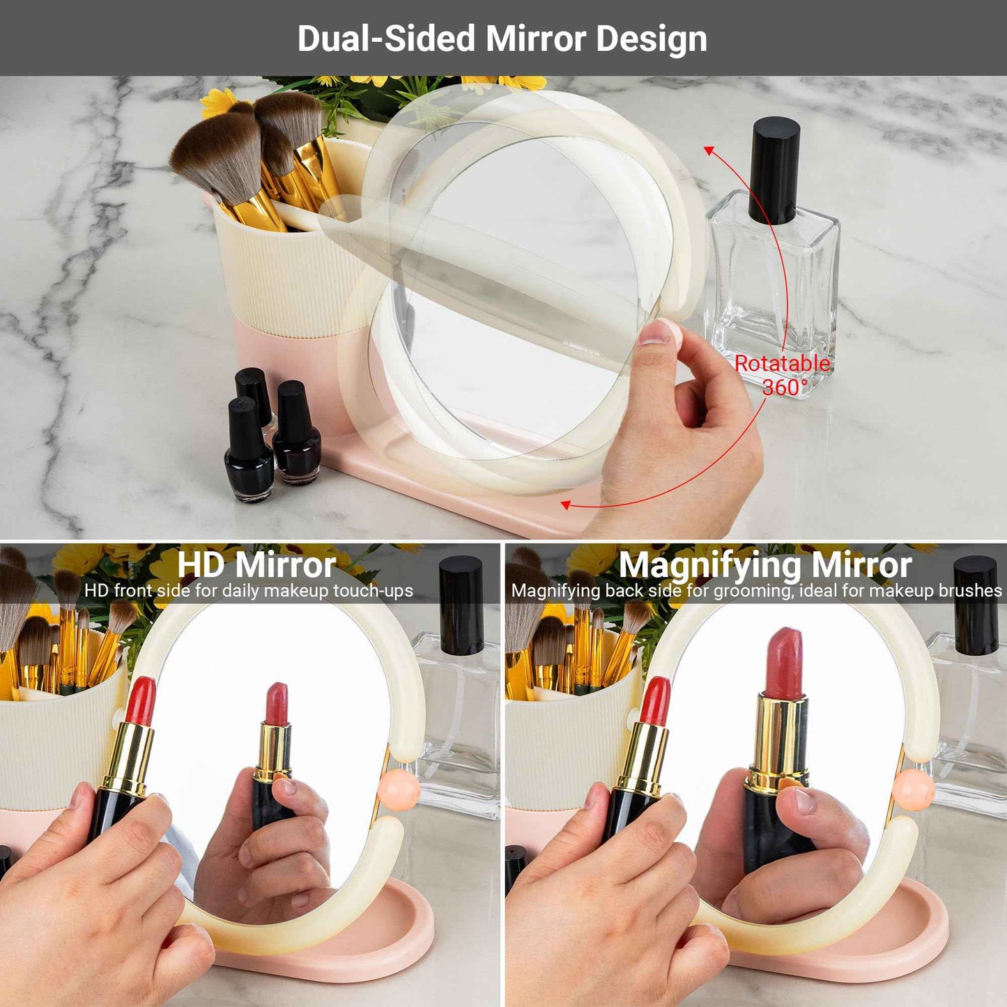 Umbrotiger Desk Organizer with Magnifying HD Rotating Glass Mirror 360° Adjustable Dual-Purpose Makeup Brush Holder Pen Caddy, Pink & White ABS Storage for Office & Vanity Accessories+Free Lens Cloth