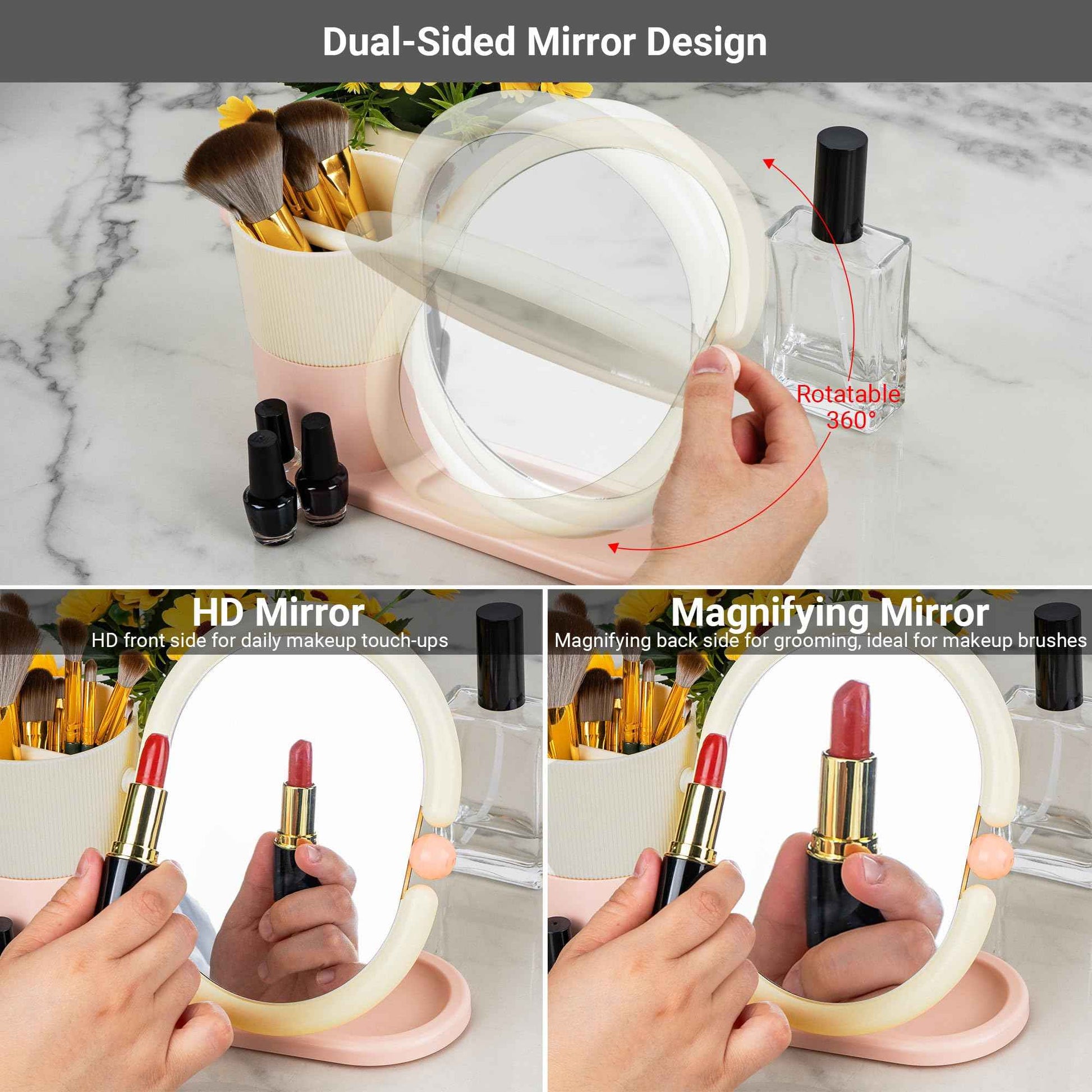 Umbrotiger Desk Organizer with Magnifying HD Rotating Glass Mirror 360° Adjustable Dual-Purpose Makeup Brush Holder Pen Caddy, Pink & White ABS Storage for Office & Vanity Accessories+Free Lens Cloth