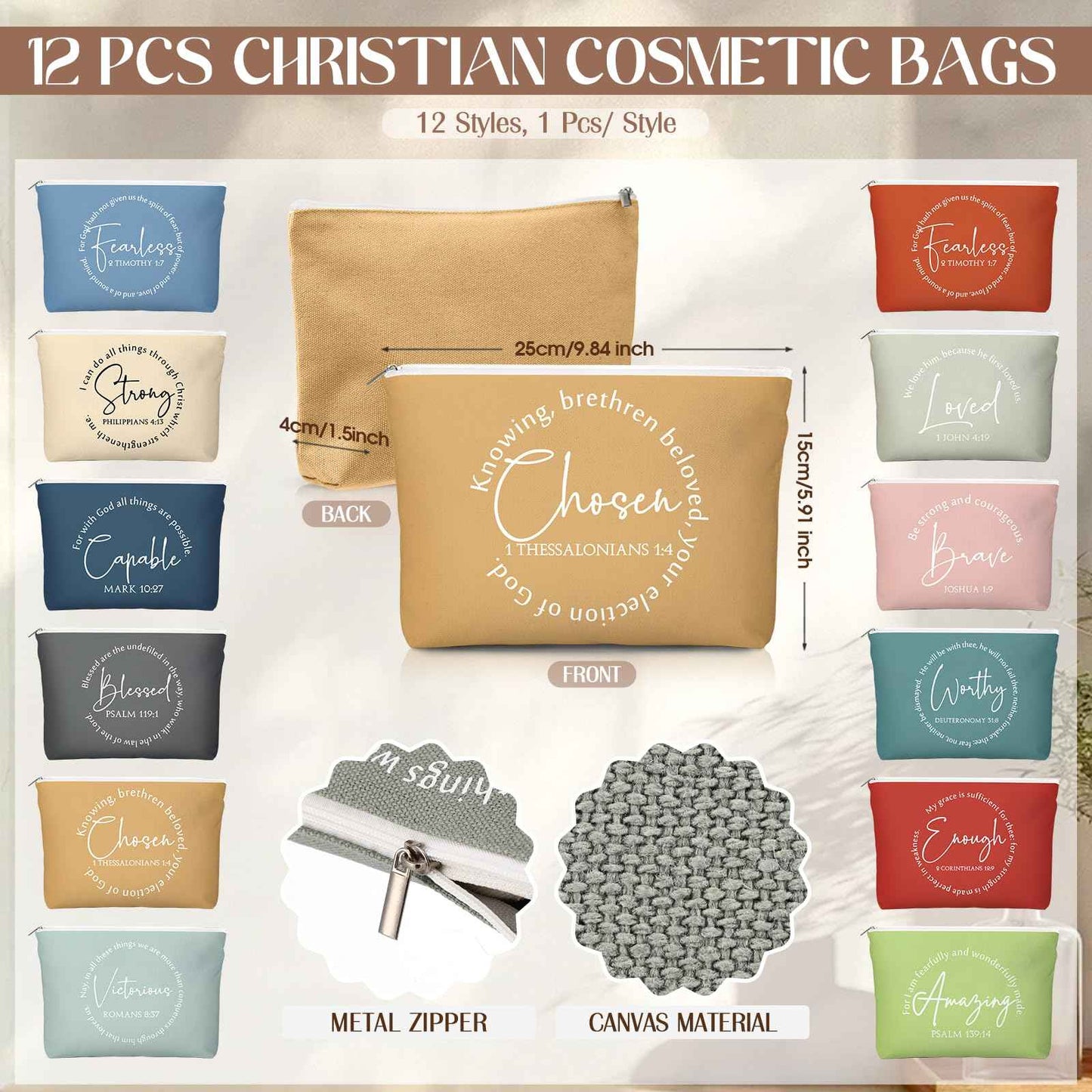 Geelin 12 Sets Christmas Christian Gifts Bulk Religious Canvas Makeup Bags with Bible Verse and Compact Mirrors Inspirational Gifts for Women Teacher Staff Coworker Christmas Favors (Classic)