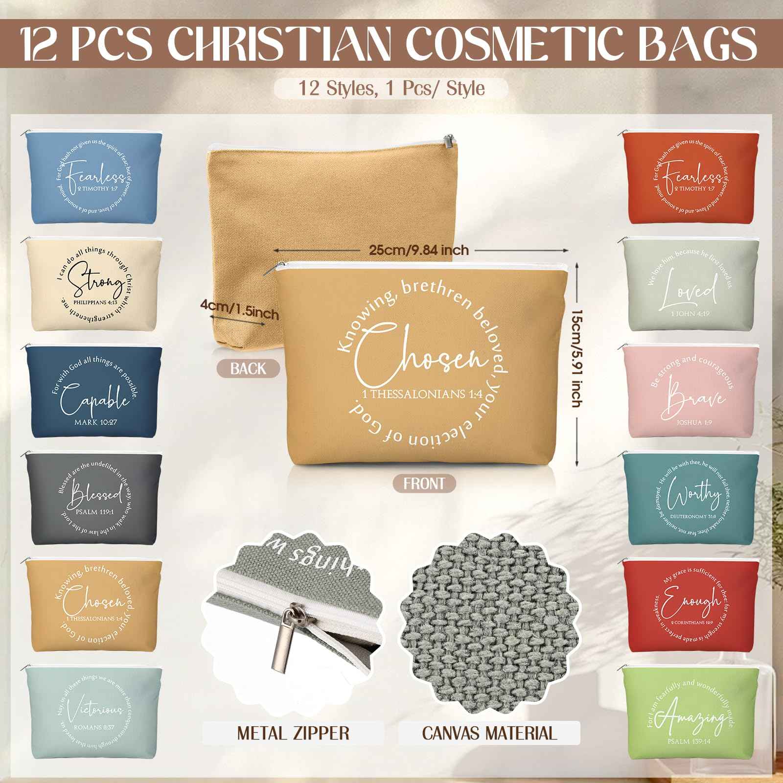 Geelin 12 Sets Christmas Christian Gifts Bulk Religious Canvas Makeup Bags with Bible Verse and Compact Mirrors Inspirational Gifts for Women Teacher Staff Coworker Christmas Favors (Classic)
