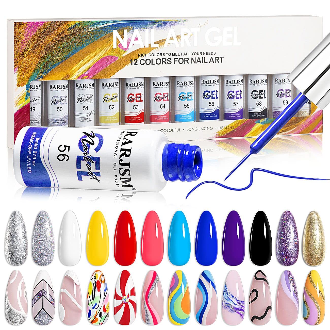 RARJSM Nail Art Gel Liner 12 Colors Painting Nail Gel Polish Set Red Yellow Blue Primary Color Collection Purple Glitter Silver Champagne Gold Drawing Gel Nail Polishes Nail Design