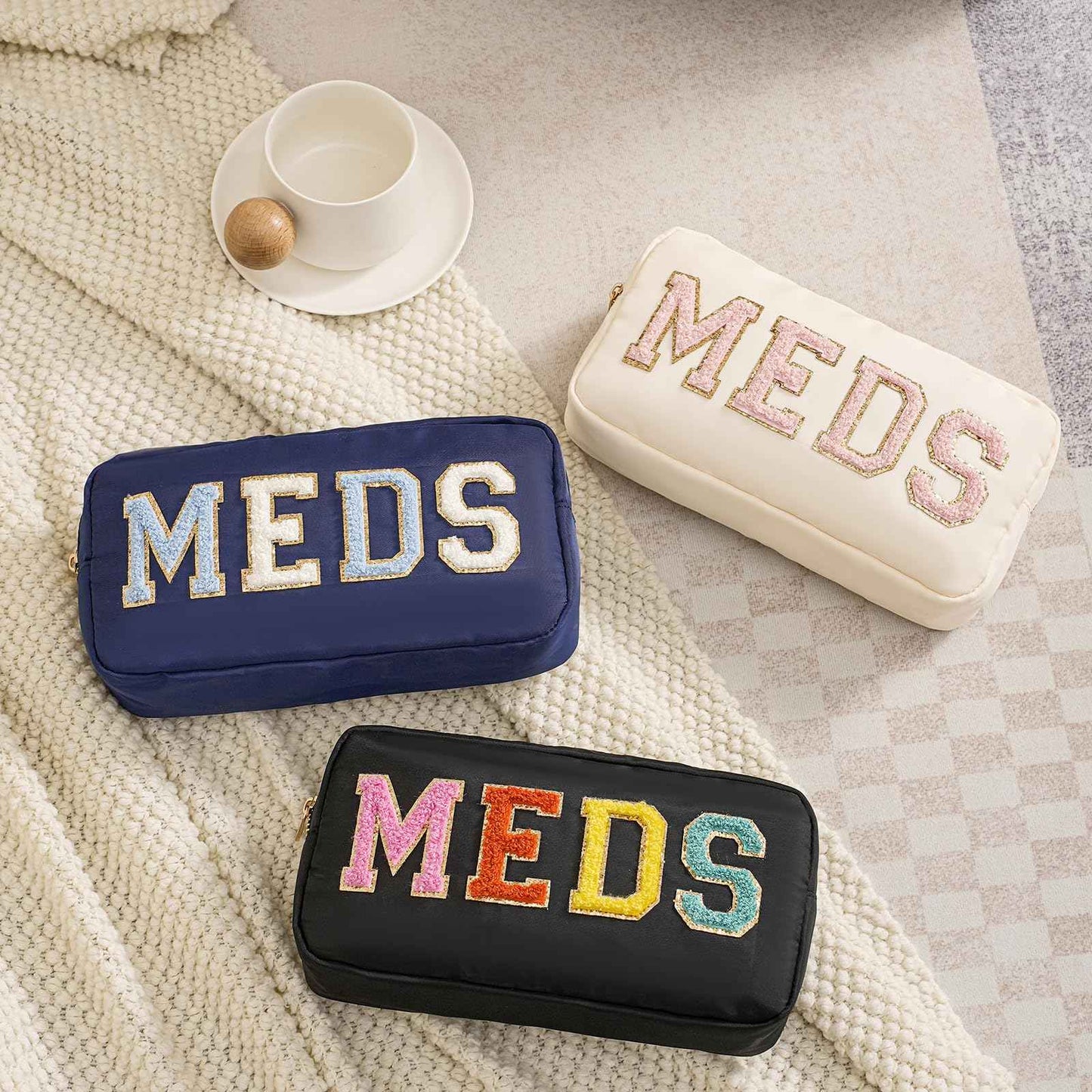 Chenille Letter Patch Nylon Medicine Packages,Cute MEDS Travel Makeup Bag with Metal Zipper, First Aid Purse Organizer Cosmetic Bag for Women and Girls(03Navy)