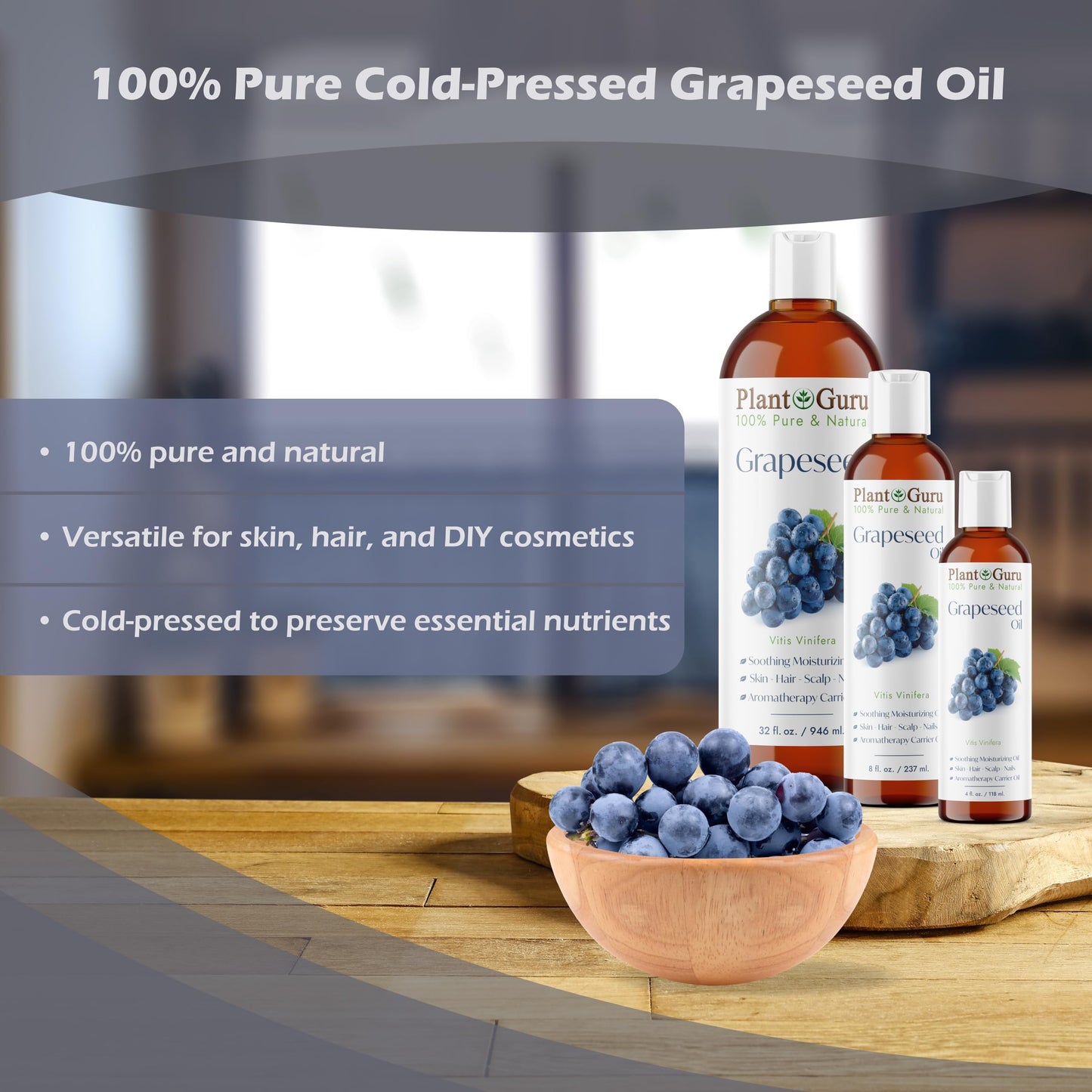 Grapeseed Oil 4 oz. Cold Pressed 100% Pure Natural Carrier for Skin, Body, Face, and Hair Growth Moisturizer. Great for Creams, Lotions, Lip balm and Soap Making.