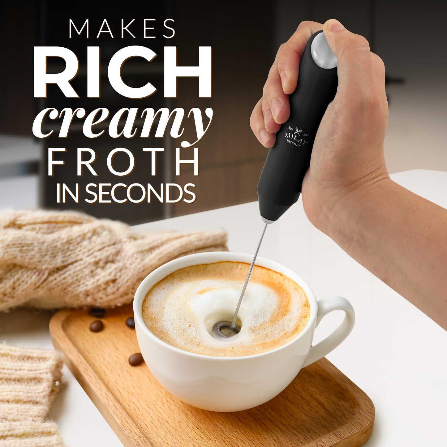 Zulay Kitchen Duracell Powered Milk Frother Handheld Foam Maker - Whisk Drink Mixer for Coffee, Latte, Matcha, Cappuccino - Mini Foamer by Milk Boss - Batteries Included - (Black/Silver)