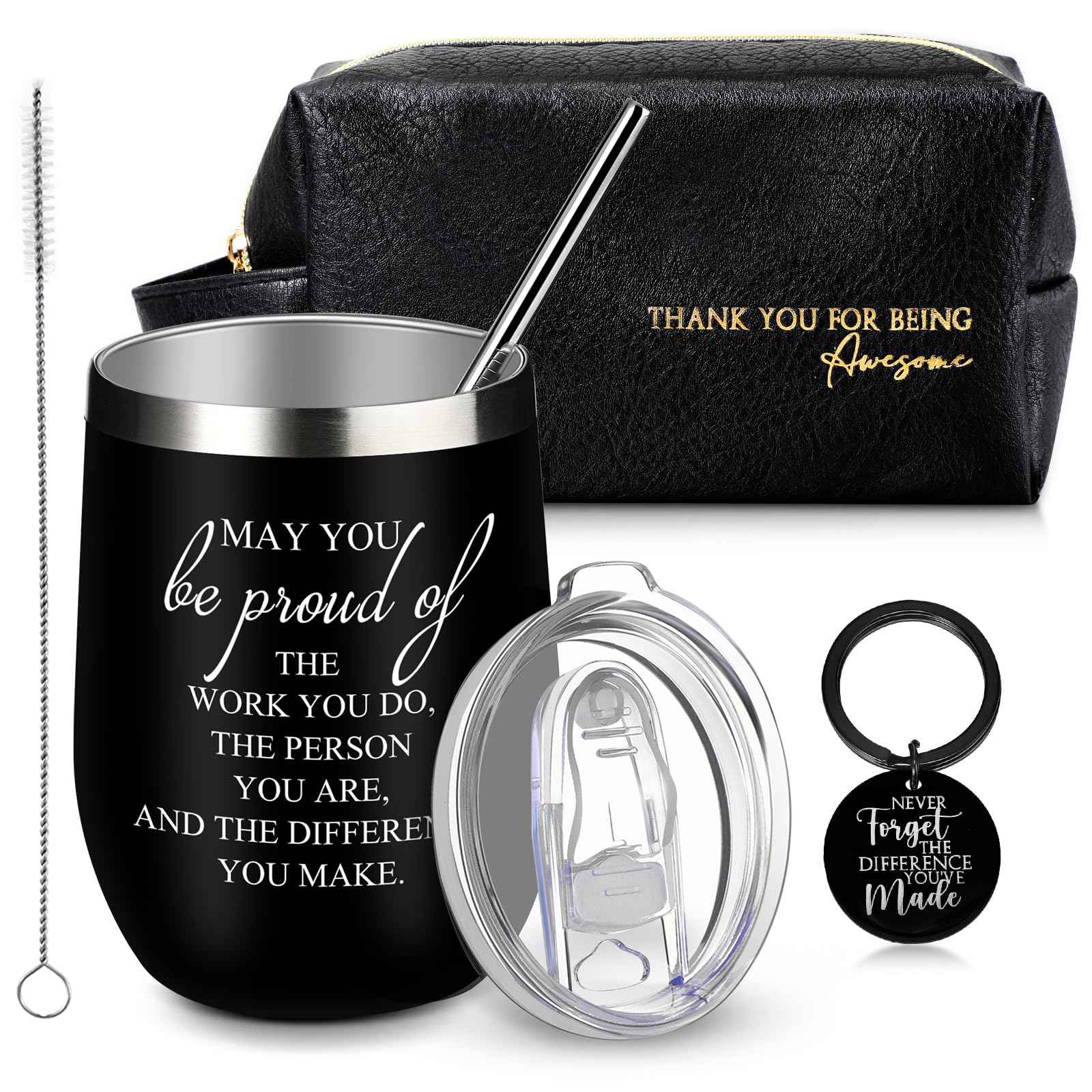 Dandat Set of 3 Thank You Gift for Men Christmas Leather Toiletry Bag May You Be Proud of The Work Sign 12oz Stainless Steel Tumbler with Inspirational Keychain for Men Teacher Male Staff(Black)