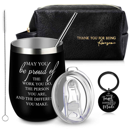 Dandat Set of 3 Thank You Gift for Men Christmas Leather Toiletry Bag May You Be Proud of The Work Sign 12oz Stainless Steel Tumbler with Inspirational Keychain for Men Teacher Male Staff(Black)