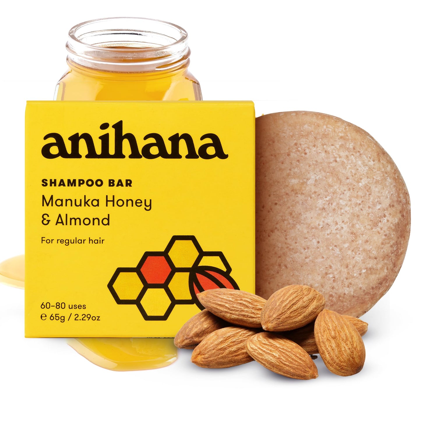 ANIHANA Shampoo Bar for Regular Hair Types Paraben Free Cruelty Free Refreshing Manuka Honey and Almond Scent 2.29 oz