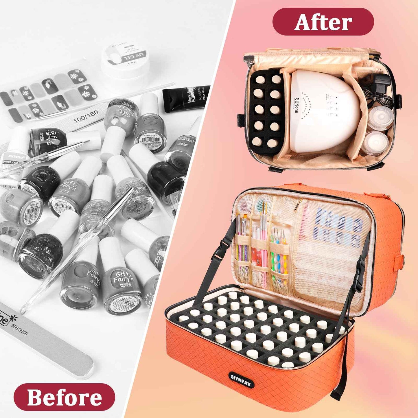 SIYNPAV Nail Polish Organizer Bag Holds 50 Bottles (15ml/0.5 fl.oz)& Nail Lamp, Woven Leather Nail Kit Storage Case with Holder Staps, Portable Nail Supplies Organizer for Manicure Tools (Orange)