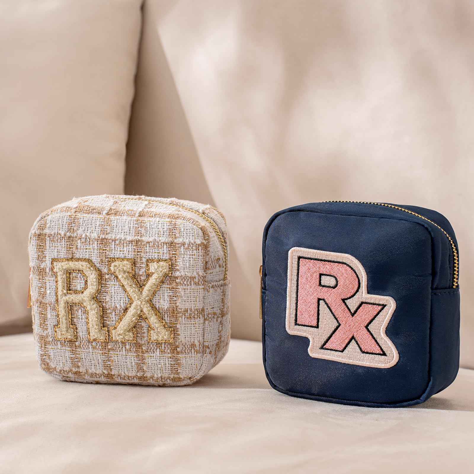 RSRSLEII Small Medicine Bag for Travel, Personalized RX Chenille Letters Checkered Pouch for Women and Girls, Cute Meds Drug Makeup Bags with Zipper (01Beige Checkered)