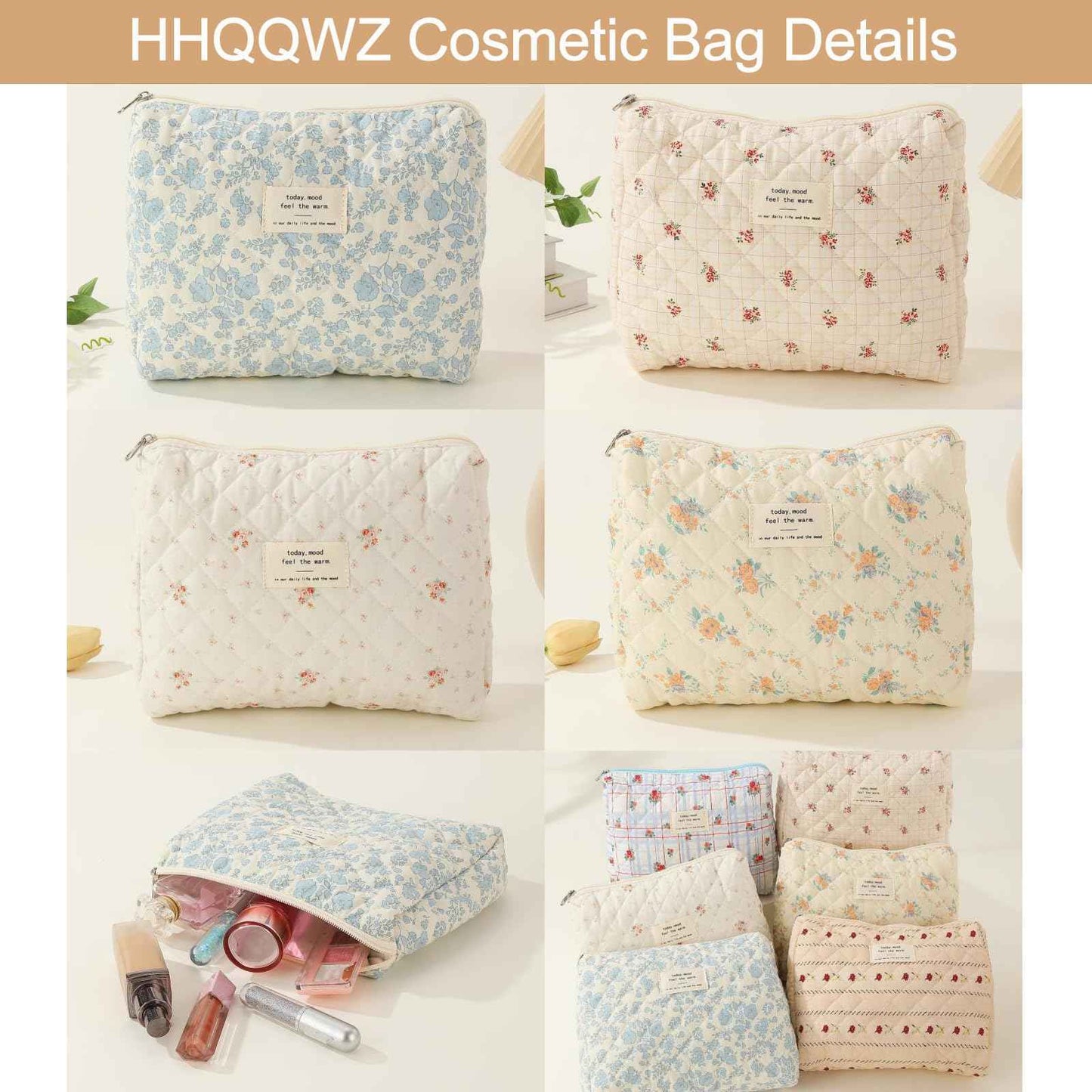 HHQQWZ Large Travel Makeup Bag Cosmetic Bag for Women Girls, Cute Large Floral Cotton Cosmetic Bag, Zipper Toiletry Bag Makeup Brushes Accessories Organizer Storage Bag (Blue Floral)