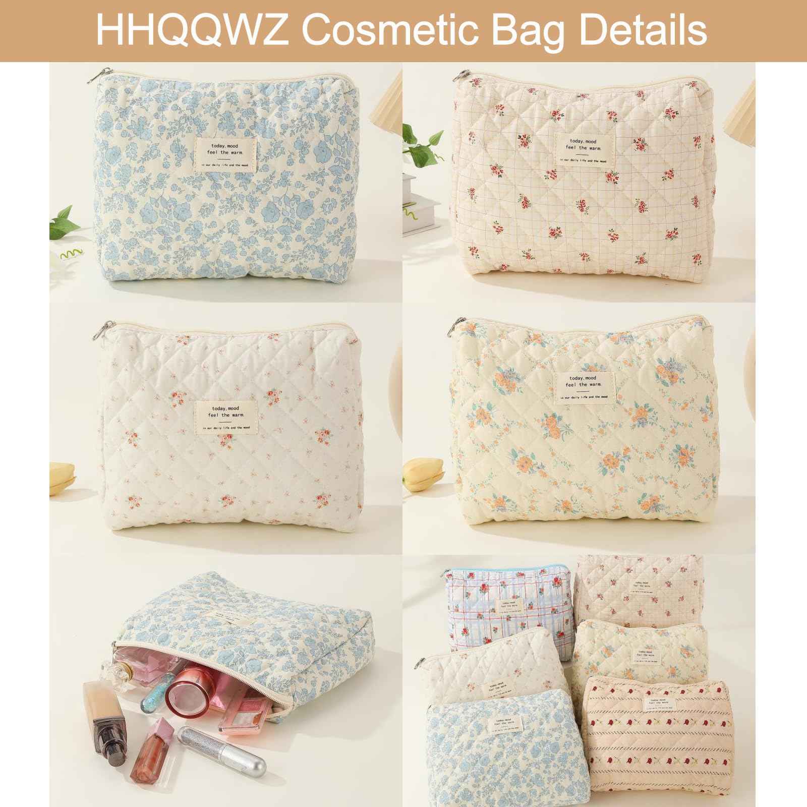 HHQQWZ Large Travel Makeup Bag Cosmetic Bag for Women Girls, Cute Large Floral Cotton Cosmetic Bag, Zipper Toiletry Bag Makeup Brushes Accessories Organizer Storage Bag (Blue Floral)
