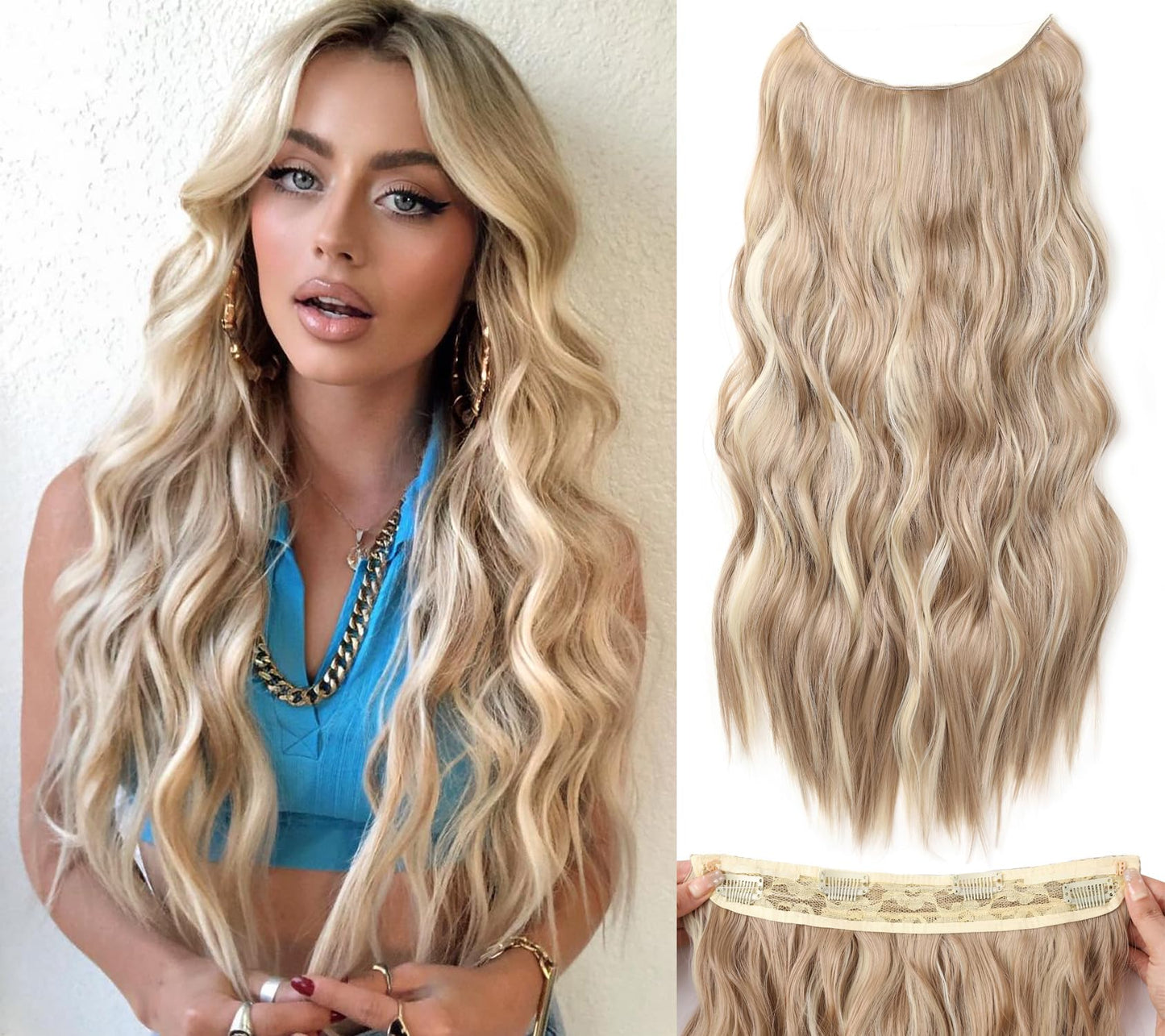 Halo Hair Extensions 20 Inch Invisible Wire Long Wavy Blonde Hair Extensions for Women Adjustable Size Hairpiece 4 Clips in Hair Extension (Bleach Blonde with Light Brown)