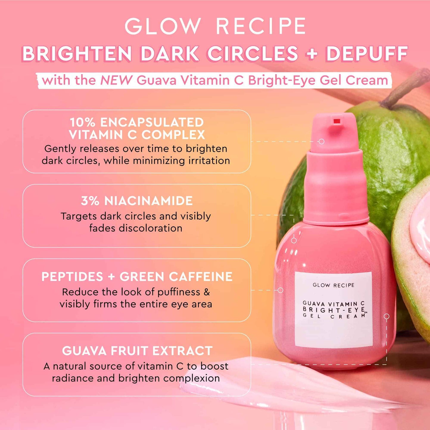 Glow Recipe Guava Vitamin C Brightening Eye Gel - Niacinamide, Peptides & Green Caffeine Gentle Under Eye Cream for Dark Circles, Puffiness & Bags - Lightweight, Hydrating, Firming - Makeup Prep, 15ml