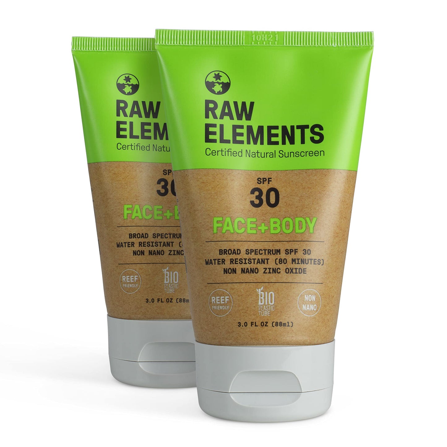 Raw Elements Mineral Sunscreen Moisturizer - Non-Nano Zinc Oxide, 95% Organic, Reef Safe, SPF 30+, Unscented, 3oz Tube (2-Pack)