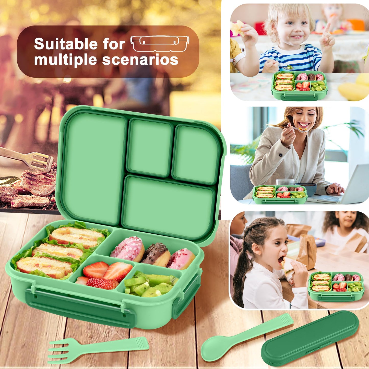 Amathley Lunch Box Kids,Bento Box Adult,Leakproof Lunch Containers for Adults/Kids/Toddler,1200ML-4 Compartments bento Lunch box with Utensil,Microwave & Dishwasher & Freezer Safe (Cyan)