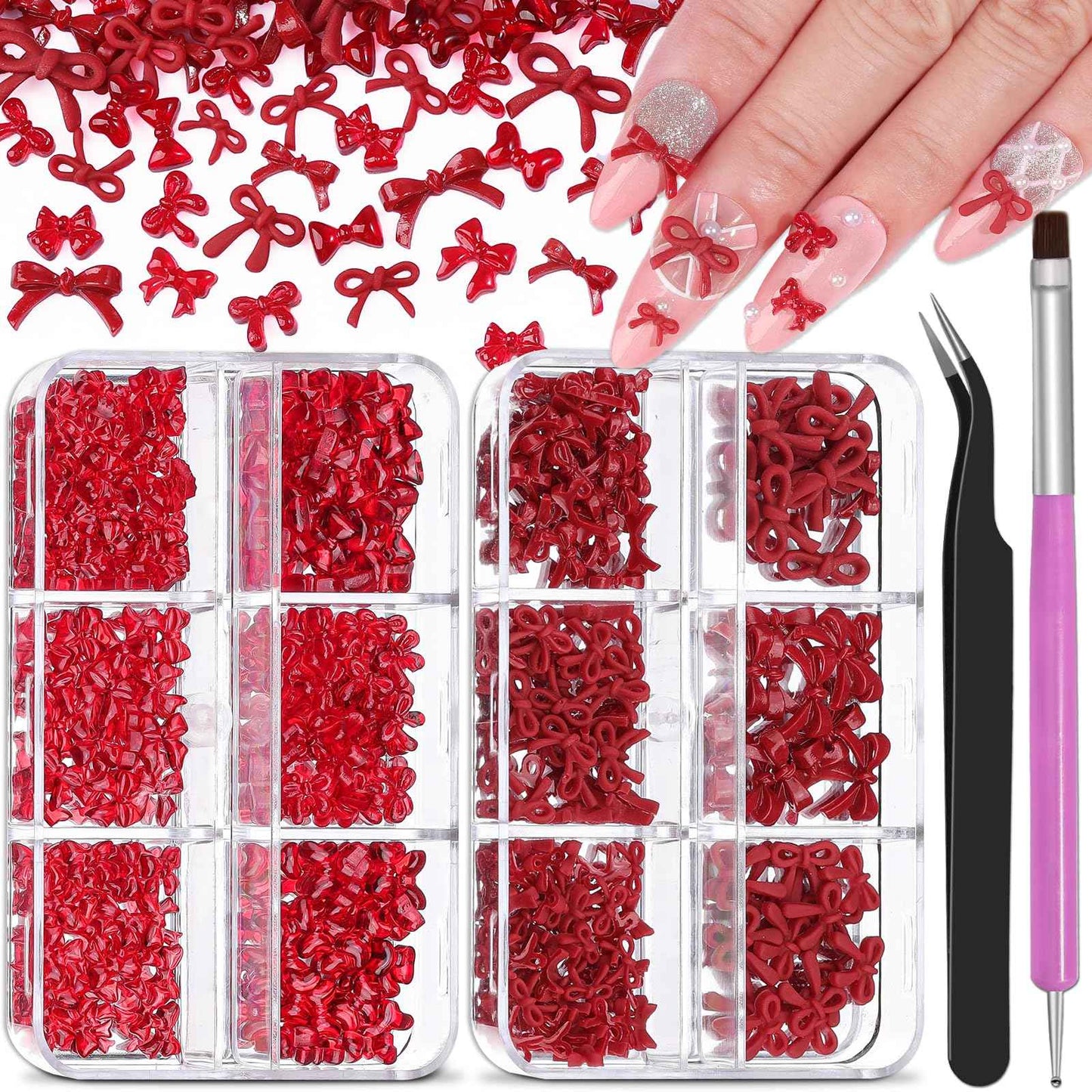 2 Boxes 3D Bow Nail Charms, Red Mini Bow Charms Transparent/Solid Resin Bow with Pickup Tools for Women Nail Decorations DIY Craft