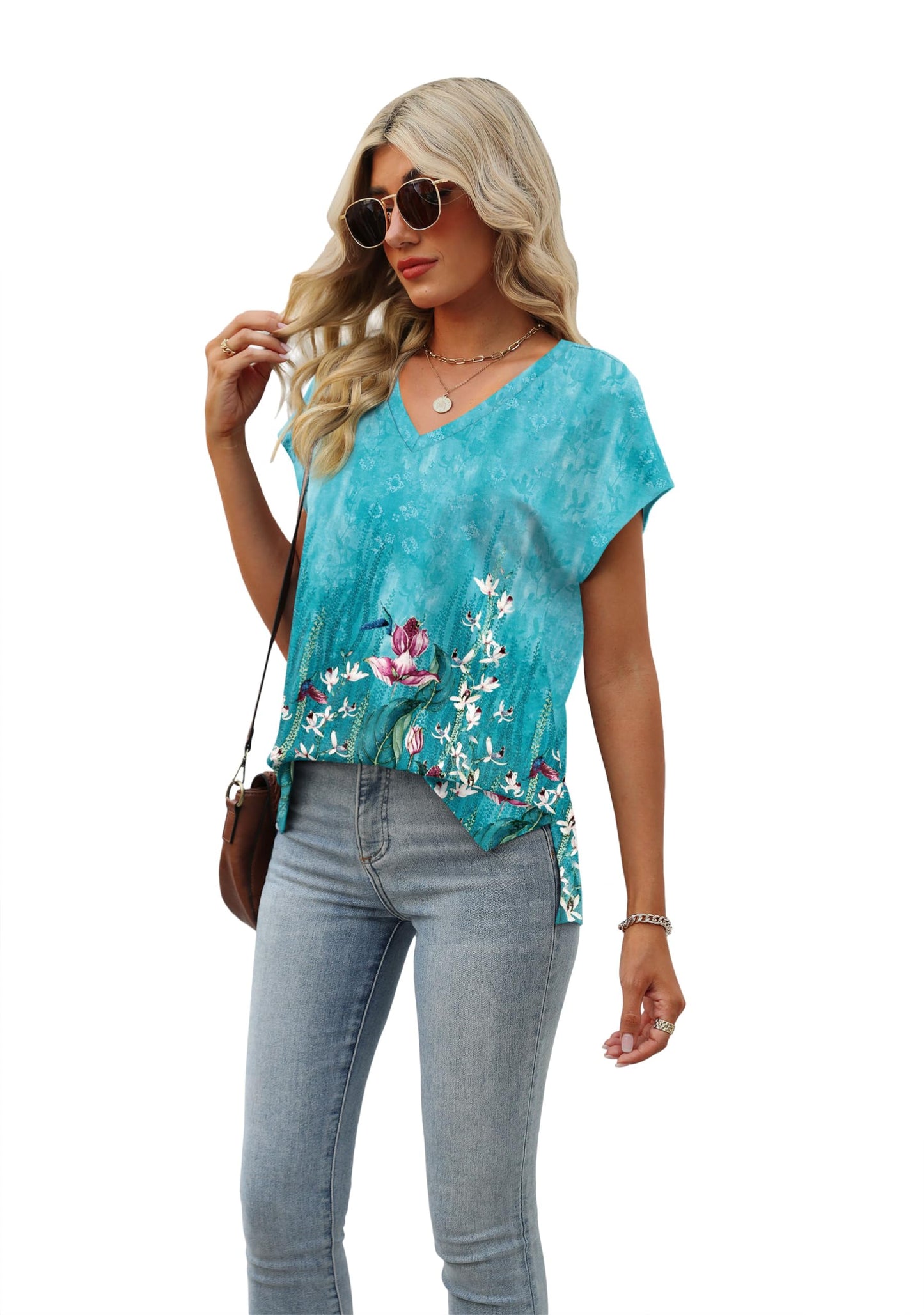 Short Sleeve V Neck Tshirts Shirts for Women Casual Cute Tops for Women Floral Shirts Pattern 10 S