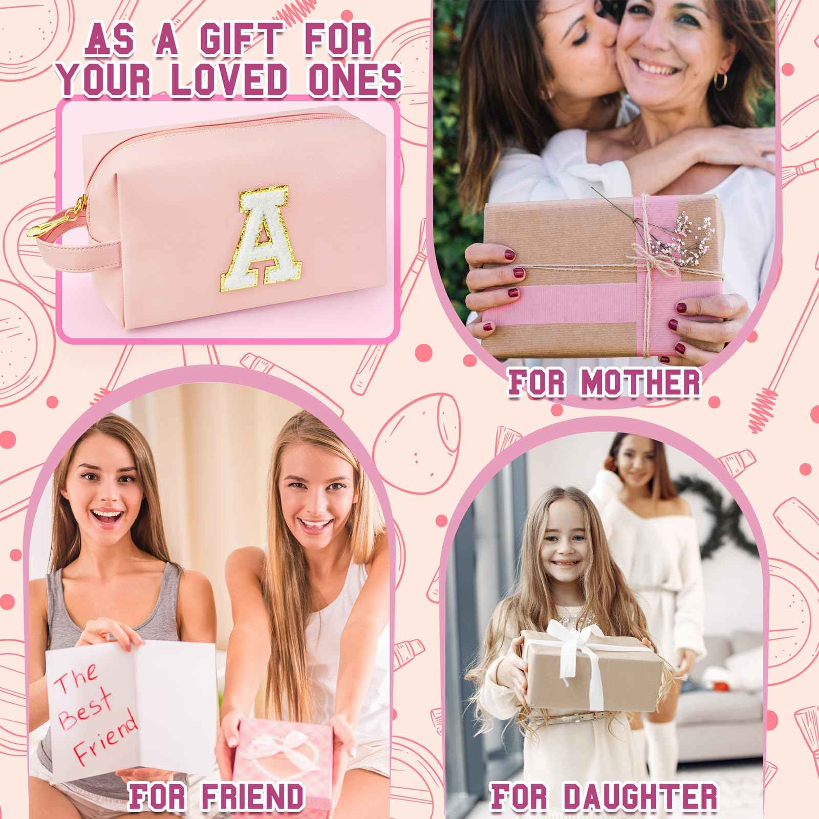 WEMVP Personalized Initial Makeup Bag with Handle, Preppy Cosmetic Bag with Inner Zipper Pocket, 8 9 10 11 12 13 14 Years Old Girl, Graduation Gifts for Teen Girls Women Teachers (A, Pink)