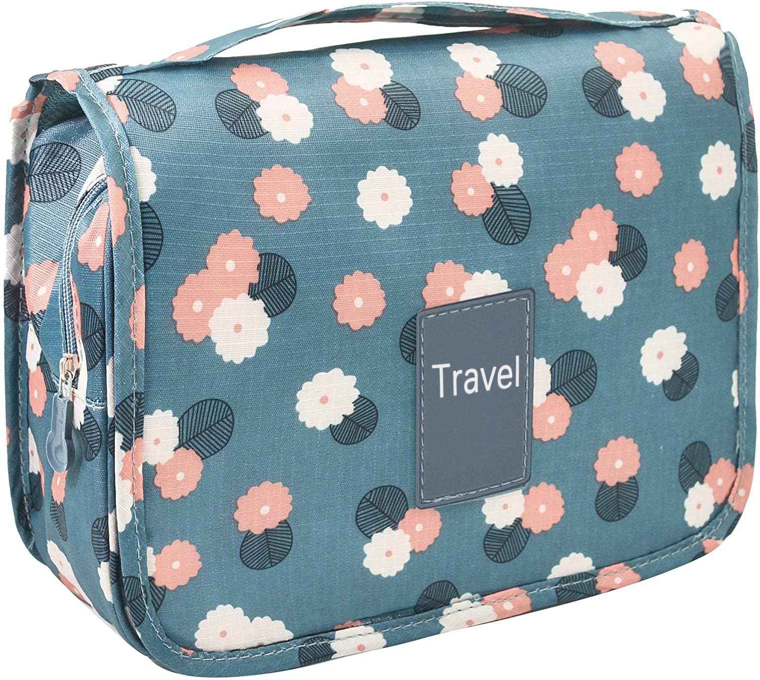 Trawila Travel Hanging Toiletry Bag Cosmetic Bag Makeup Organizers for Men & Women with Sturdy Hook (Blue flower)