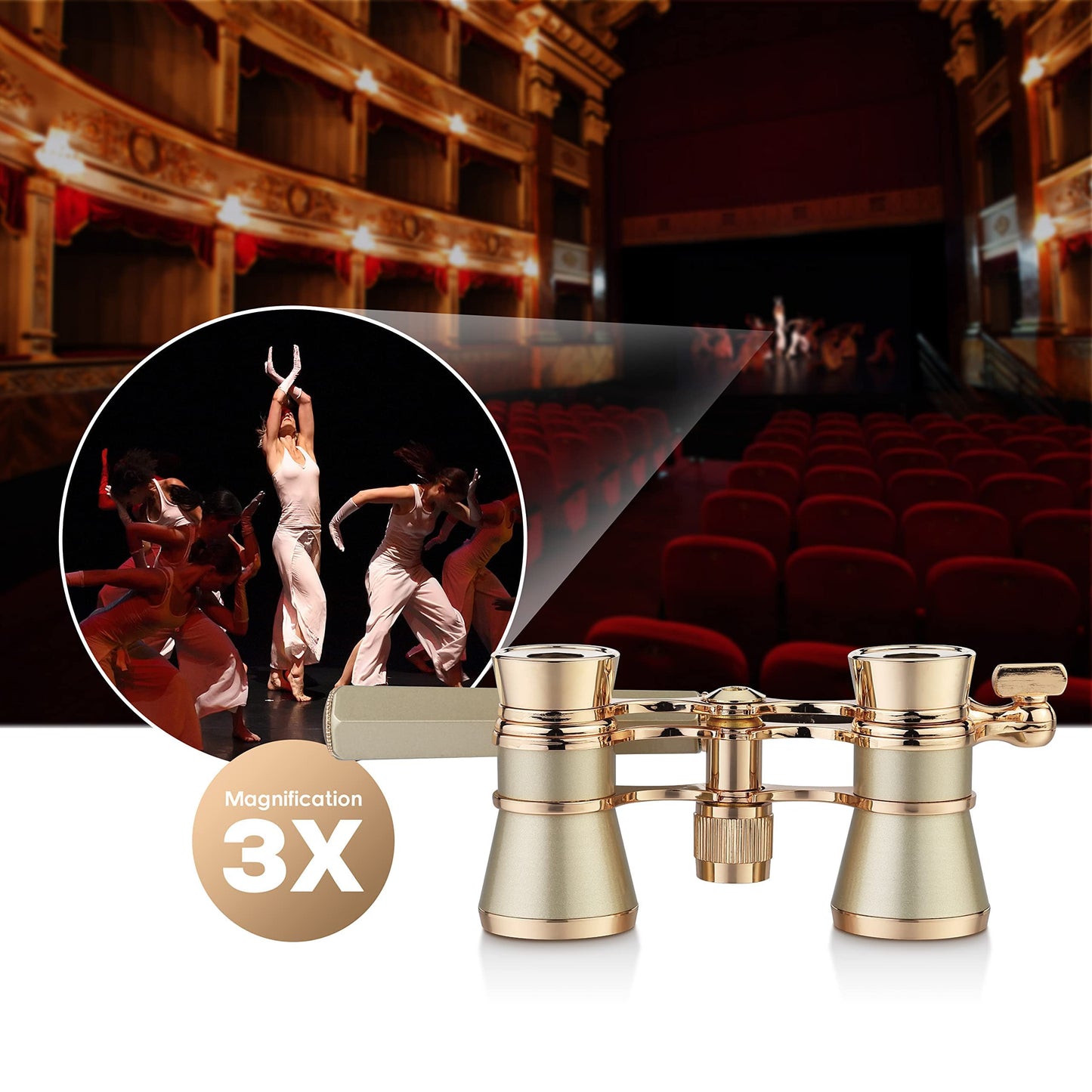 Yourelexit® Opera Glasses Binoculars Lorgnette Theater Optical Glasses Mini Compact Lightweight Built-in Foldable Adjustable Handle with Neck Chain Vintage Adults Kids Women in Musical Concert Cinema