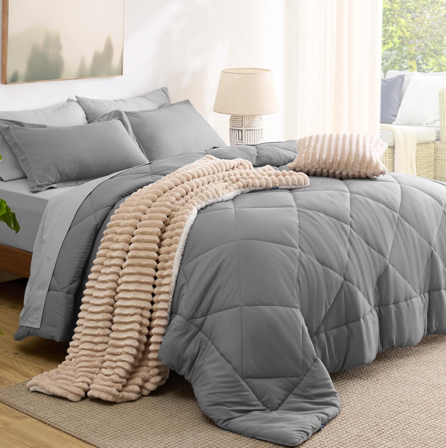 Bedsure Queen Comforter Set - 7 Pieces Reversible Comforters Queen Size Bed Set Bed in a Bag with Comforter, Sheets, Pillowcases & Shams, Grey Bedding Sets