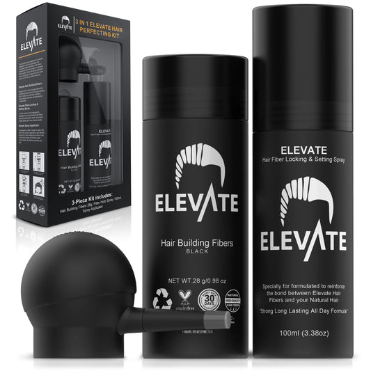 ELEVATE Hair Perfecting 3-in-1 Kit Set Includes Natural Hair Thickening Fibers & Spray Applicator Pump Nozzle & Locking Setting Hold Hair Spray | Instantly Conceal Balding Hair Thinning Areas (Black)