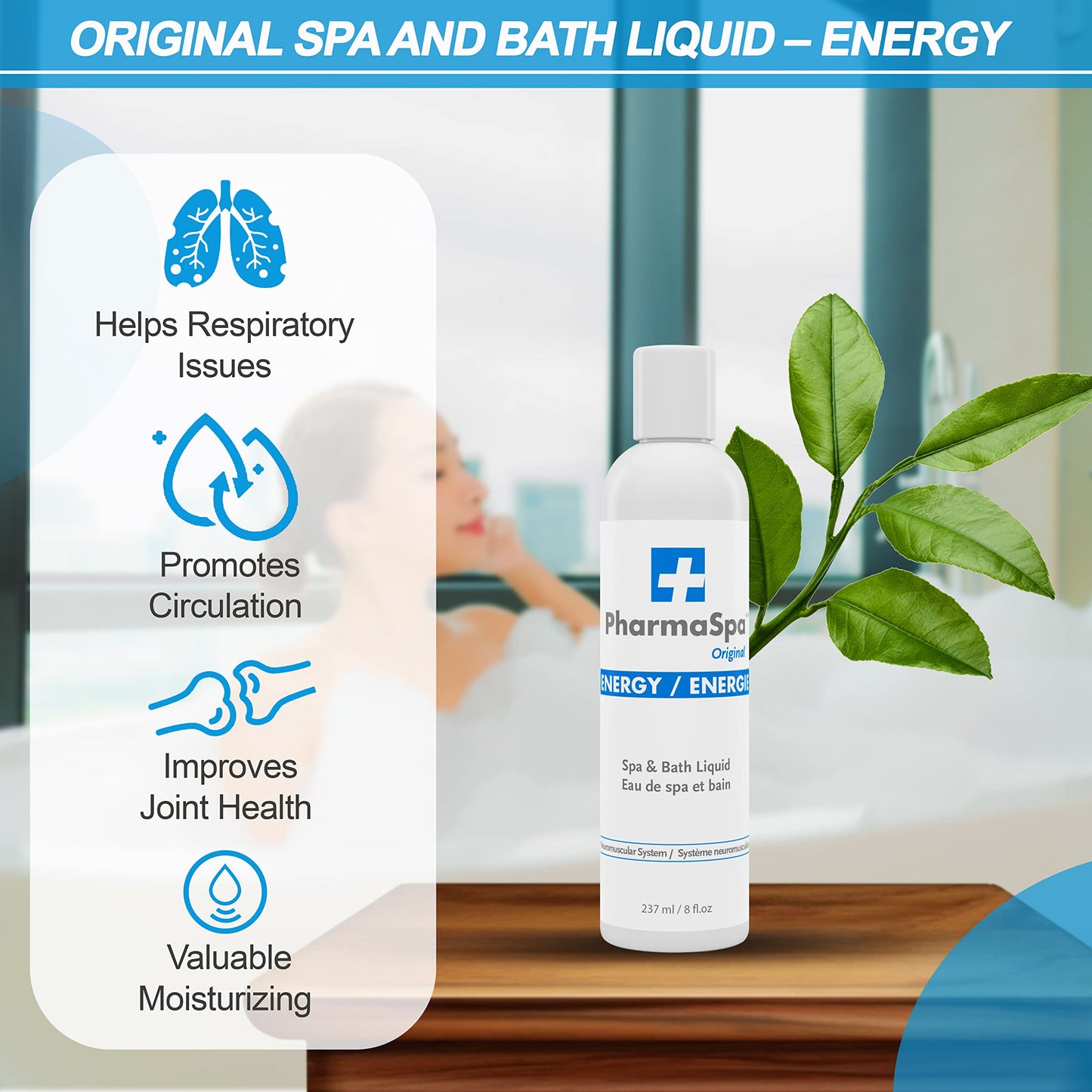 PharmaSpa Original: Spa and Bath Liquid with All-Natural Extracts - 237 ml/8 fl oz – Hot Tub Aromatherapy Liquid – Gluten Free, Parabens Free, Cruelty Free (ENERGY)